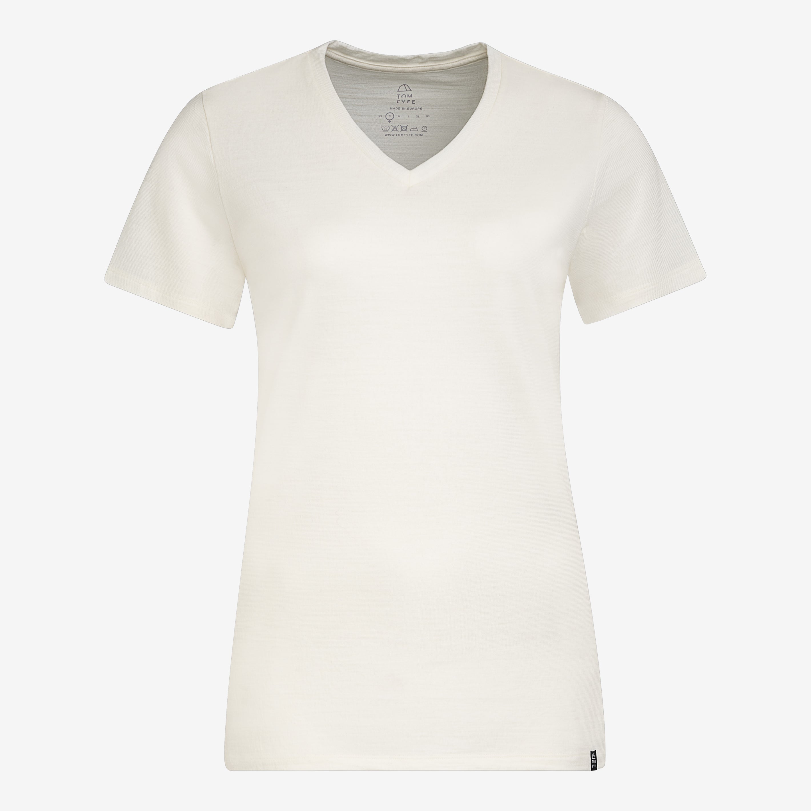 Merino Damen Shirt mit V-Ausschnitt von Tom Fyfe in Wollweiss 200 Frontansicht