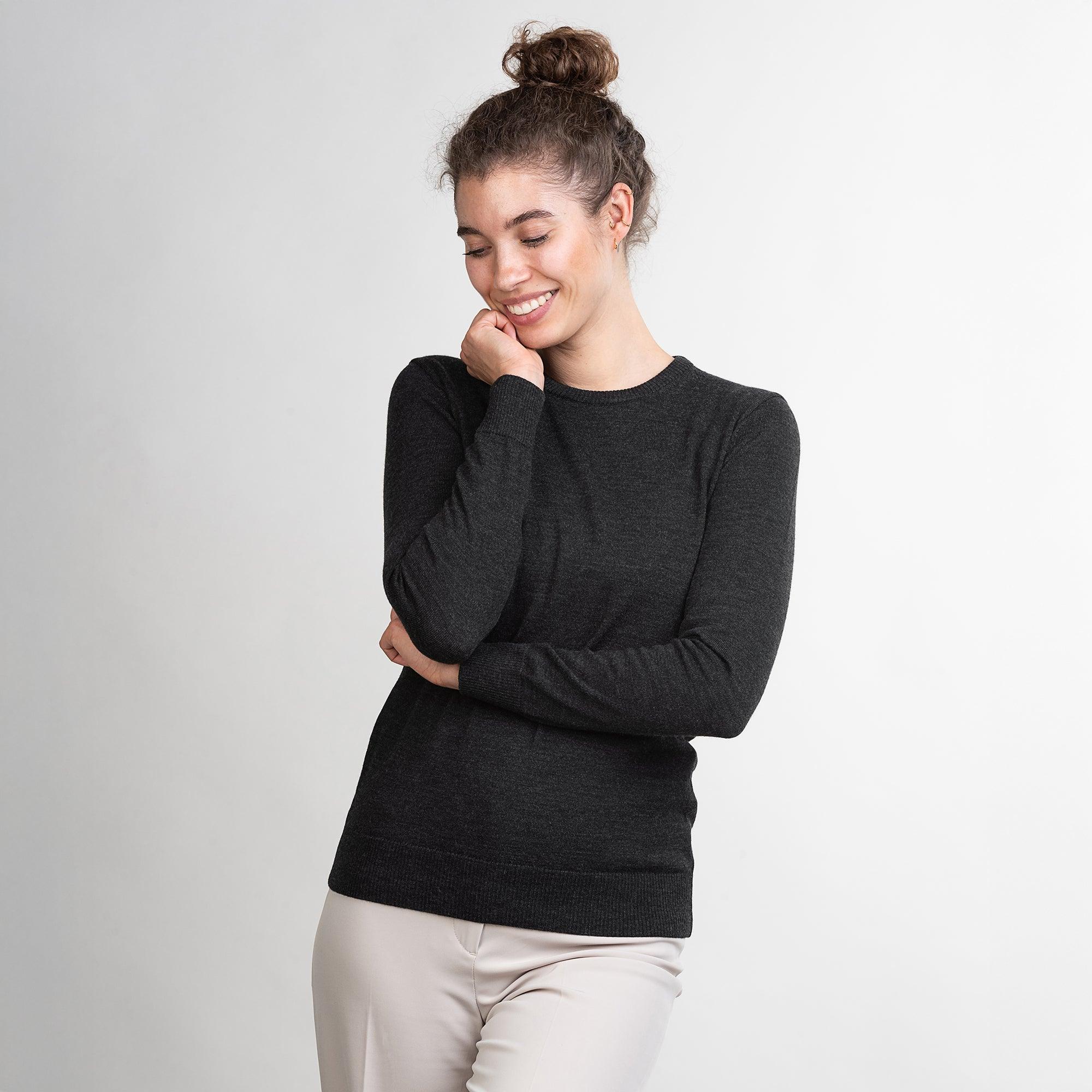 TOM FYFE Merino Damen Crewneck Rundhals-Pullover in Anthrazit, Frontansicht