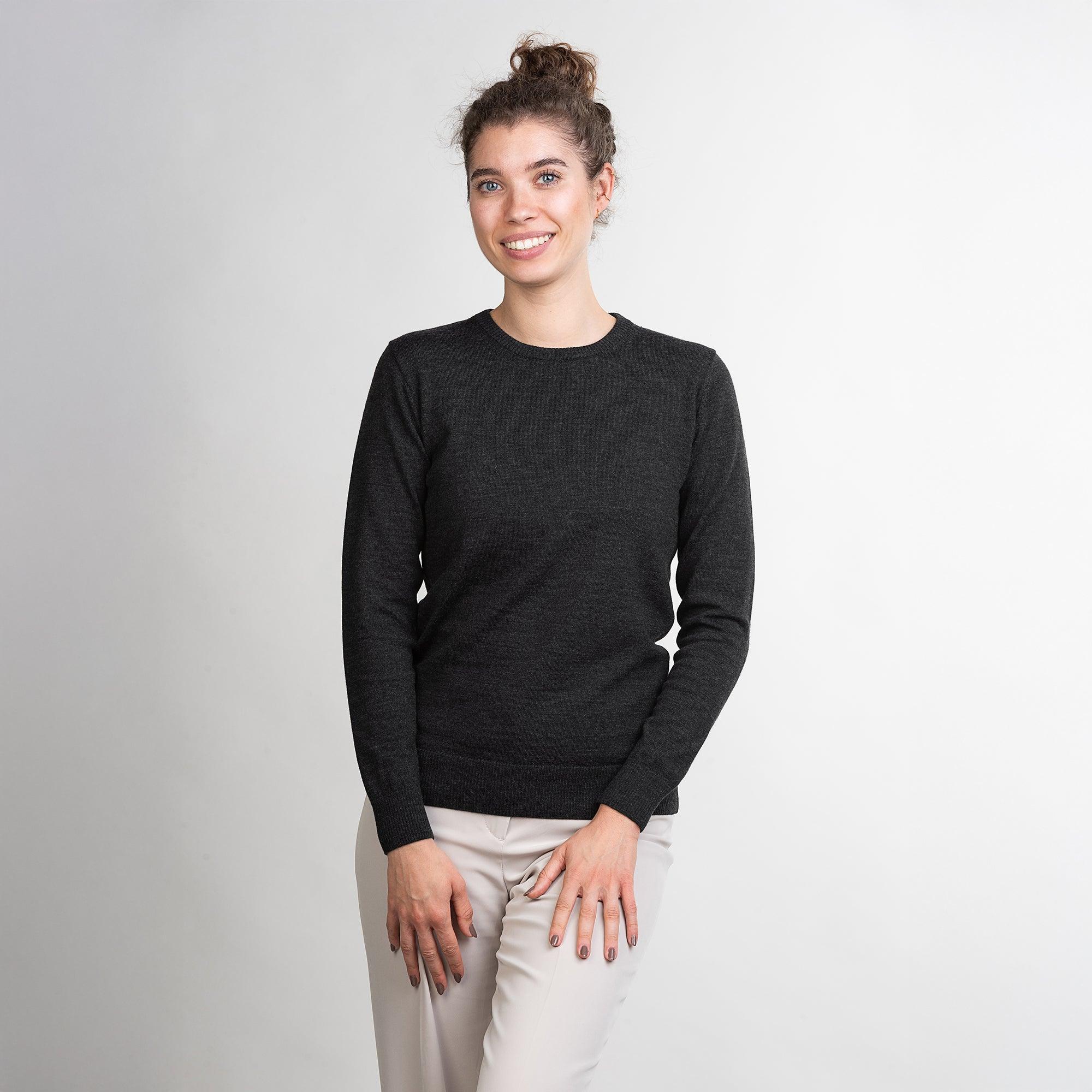TOM FYFE Merino Damen Crewneck Rundhals-Pullover in Anthrazit, zweite Frontansicht