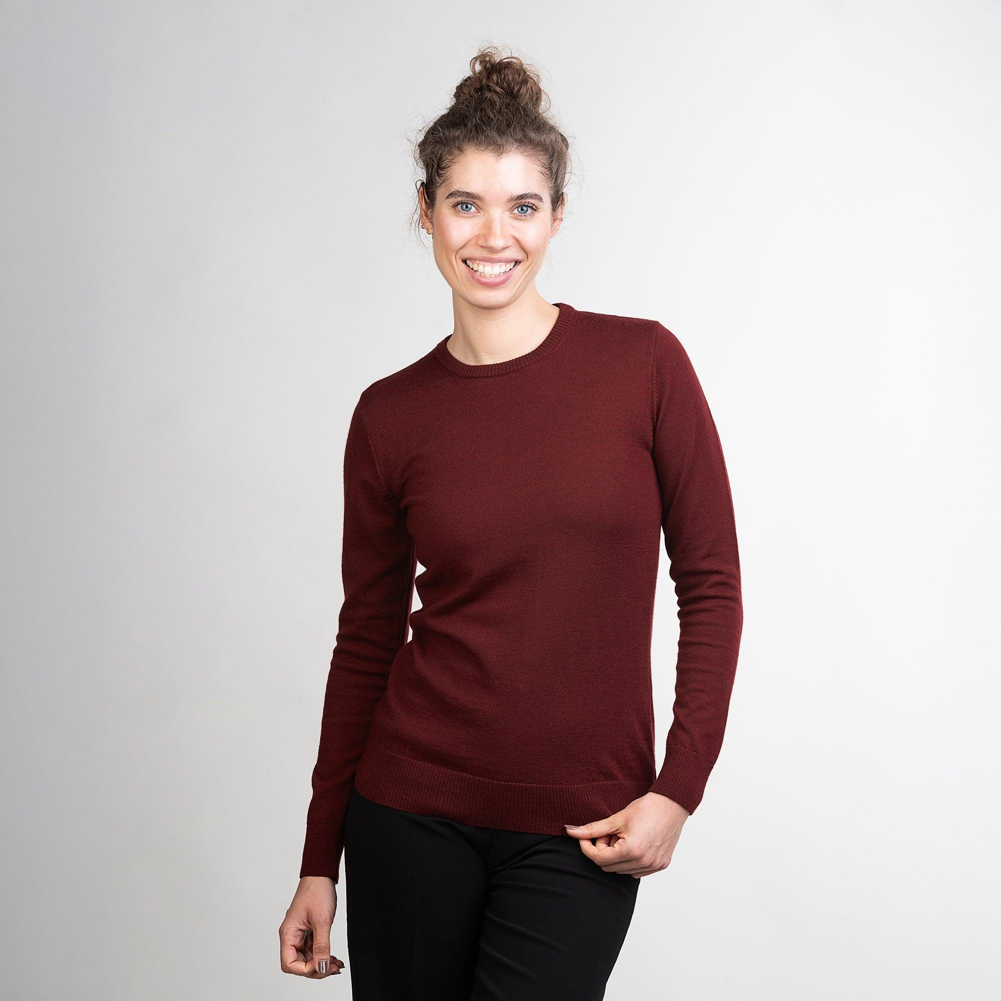 TOM FYFE Merino Damen Crewneck Rundhals-Pullover in Bordeaux, Frontansicht