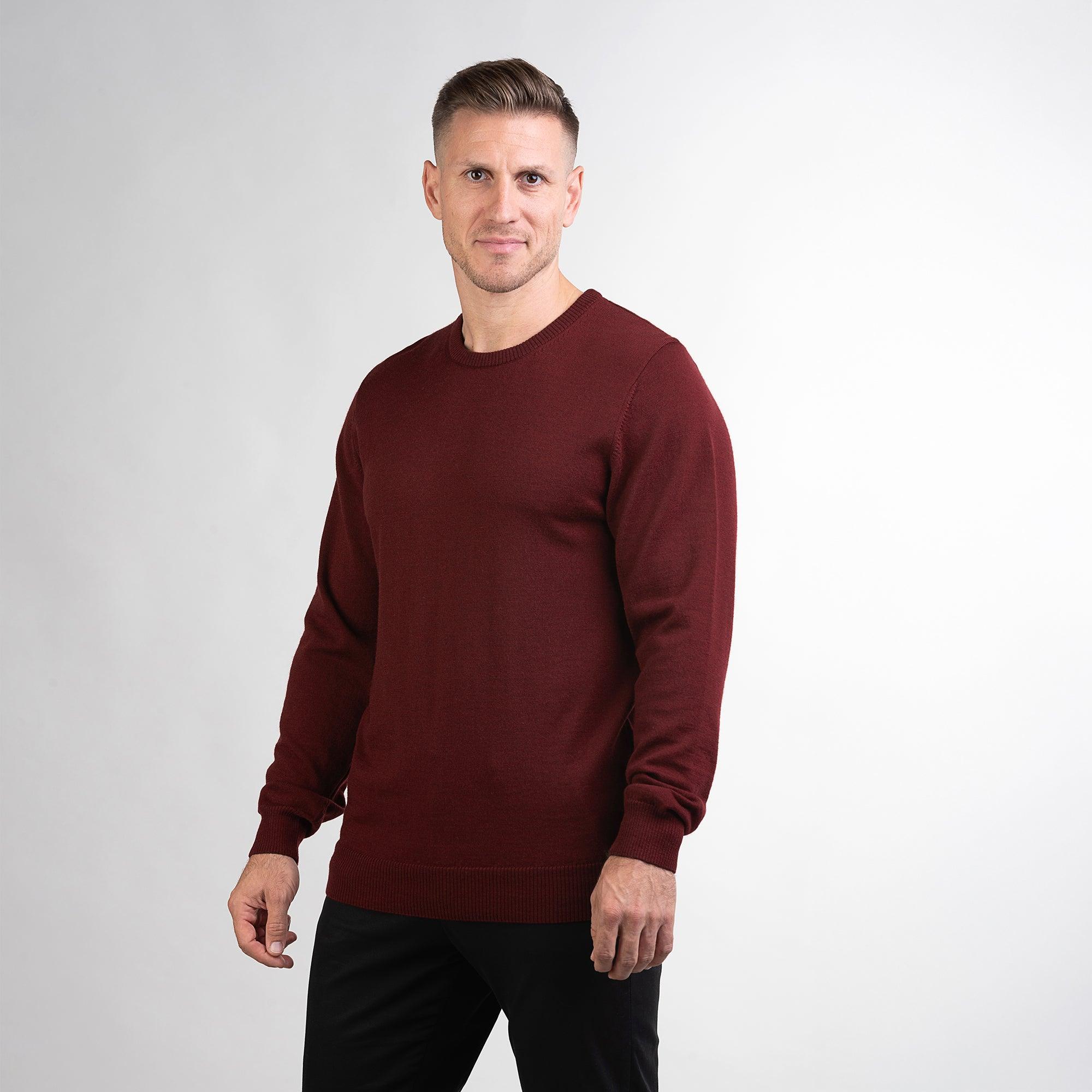 TOM FYFE Merino Herren Crewneck Rundhals-Pullover in Bordeaux, Frontansicht