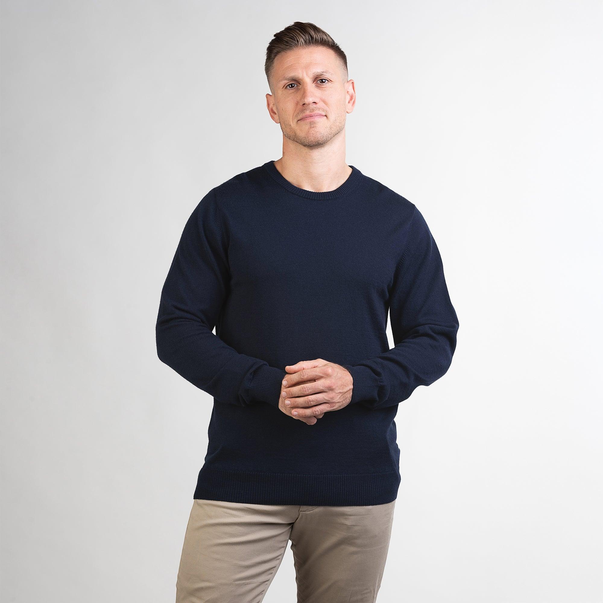TOM FYFE Merino Herren Crewneck Rundhals-Pullover in Midnight Blue, Frontansicht