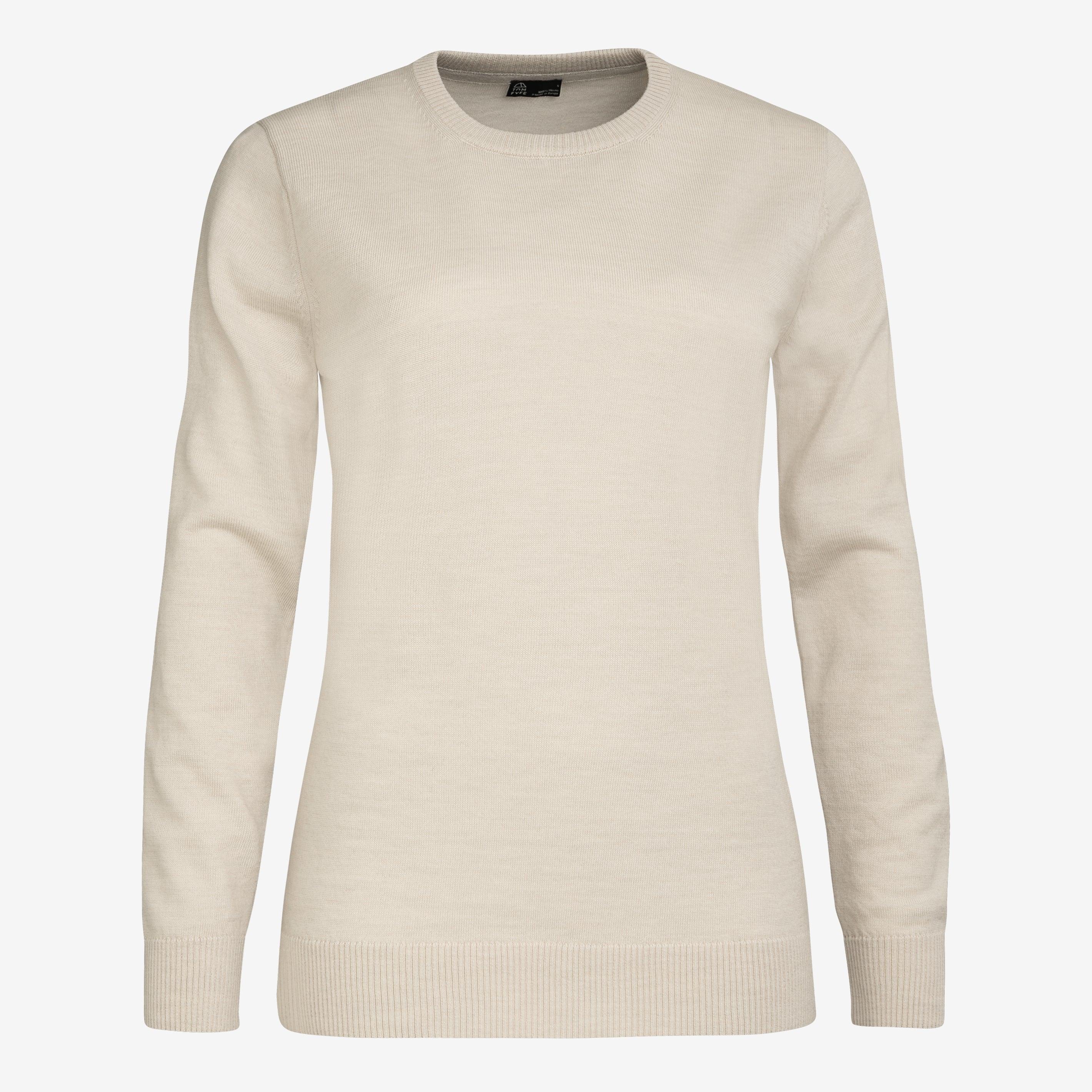 TOM FYFE Merino Damen Crewneck Rundhals-Pullover in Pearl White, Hollowman-Frontansicht