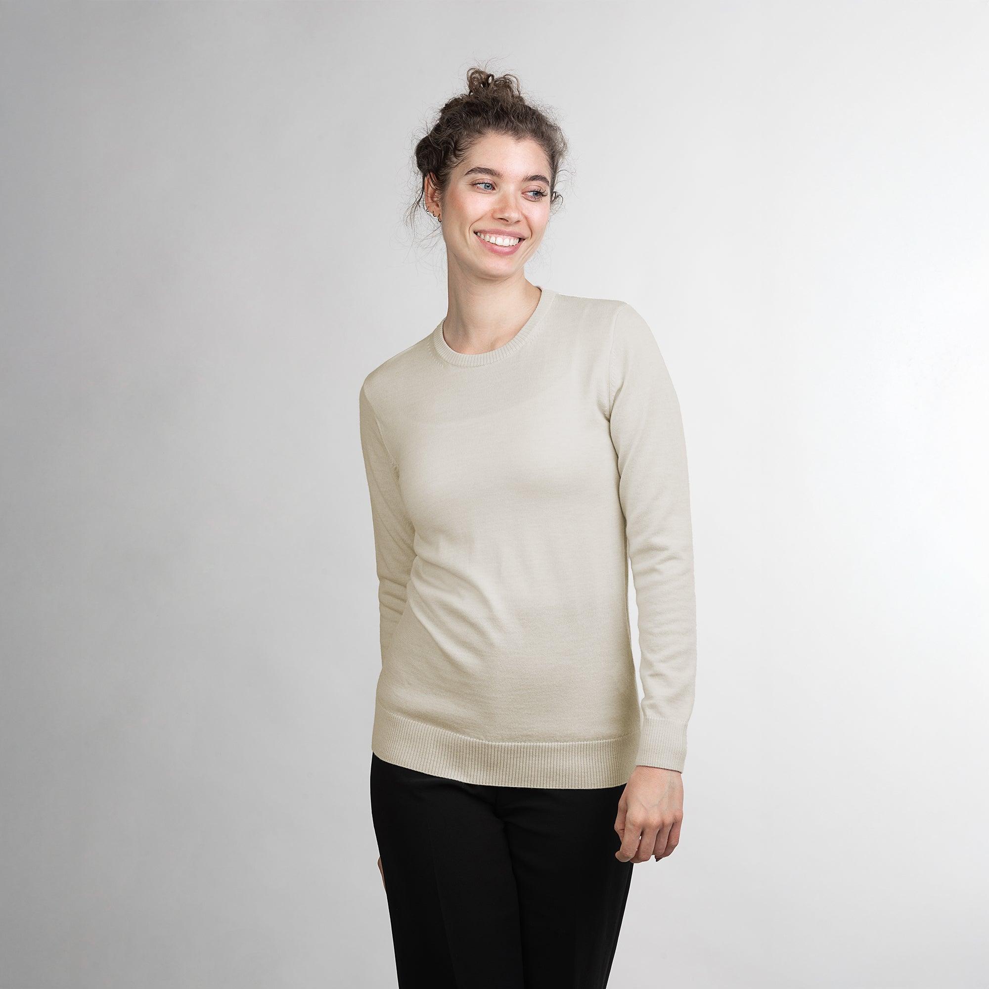 TOM FYFE Merino Damen Crewneck Rundhals-Pullover in Wollweiß, Frontansicht