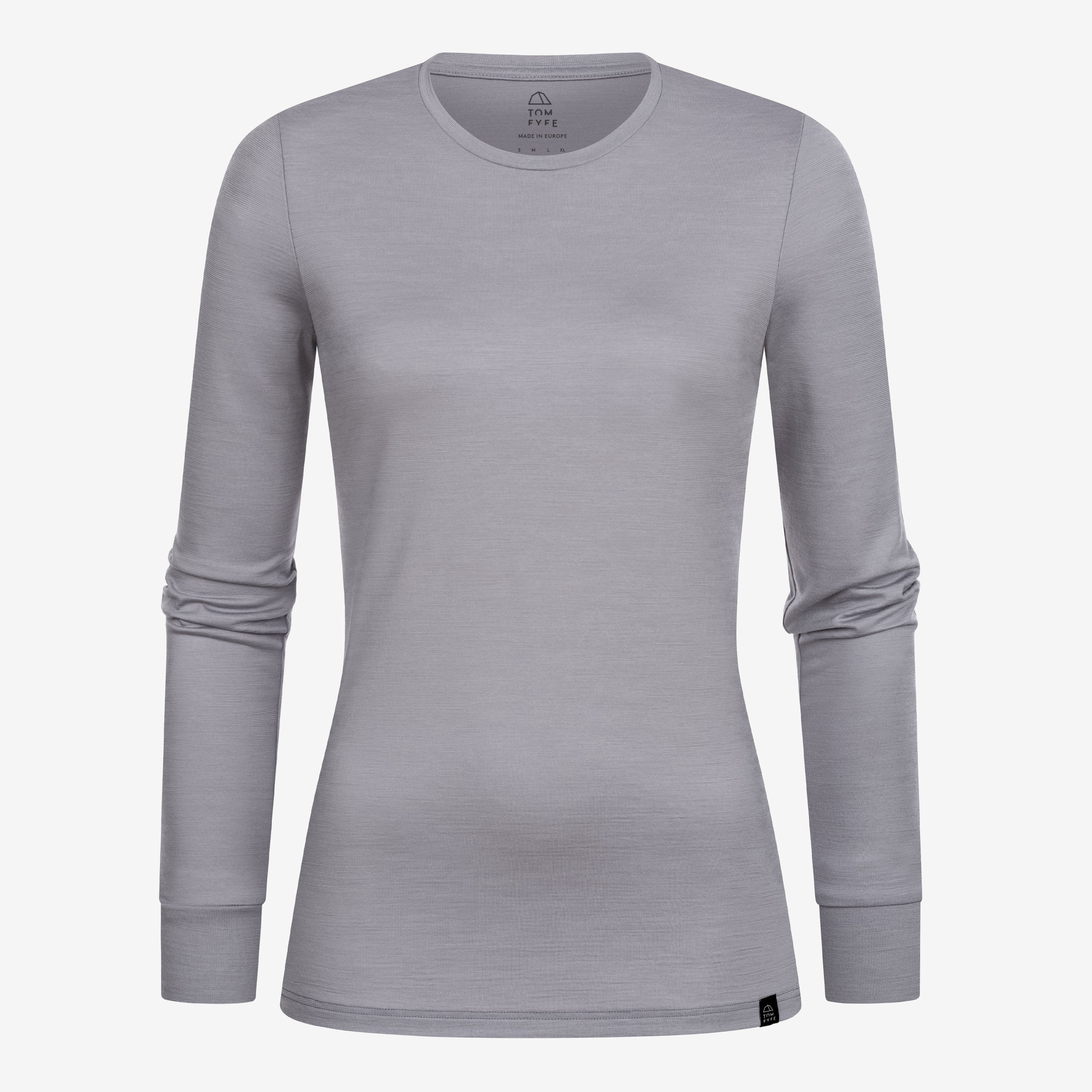 Merino Damen Langarmshirt Frontansicht von Tom Fyfe in Hellgrau