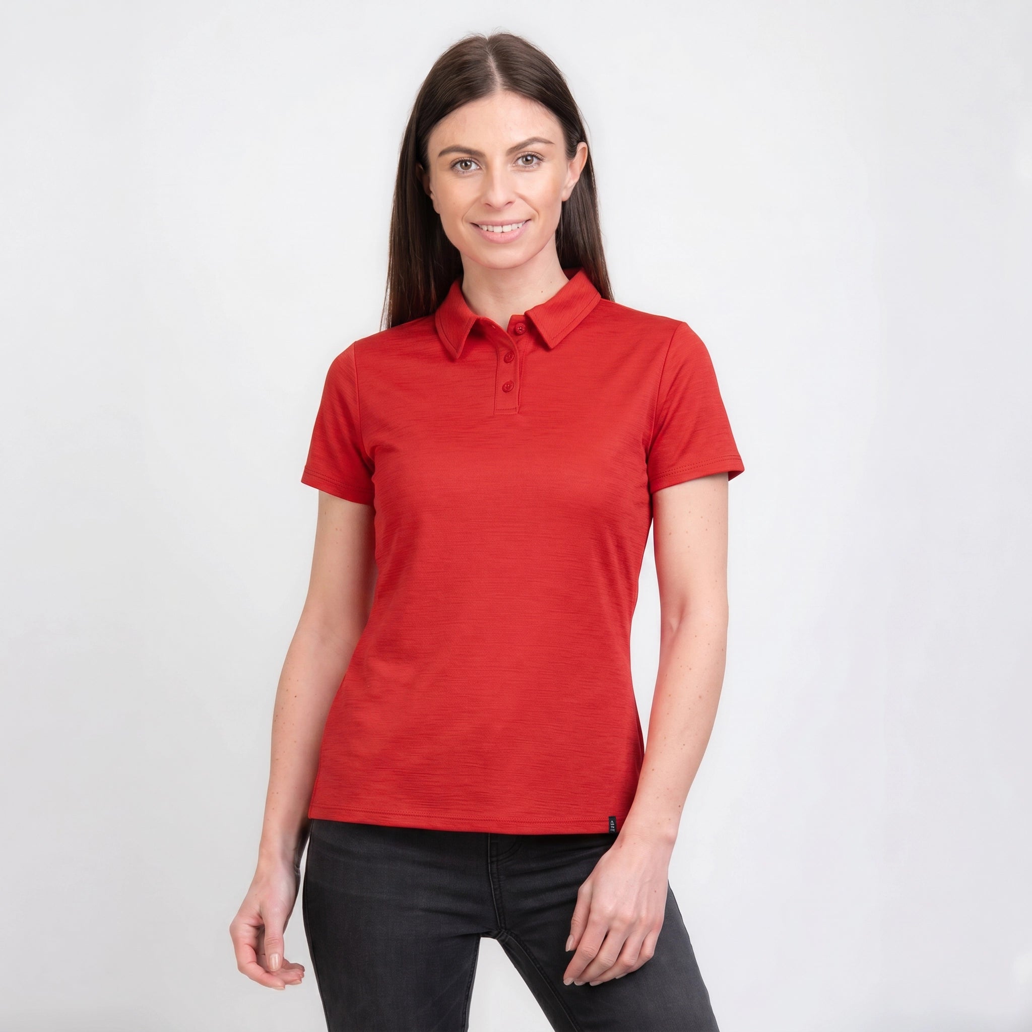 Merino Damen Poloshirt Frontansicht von TOM FYFE in Coral Red