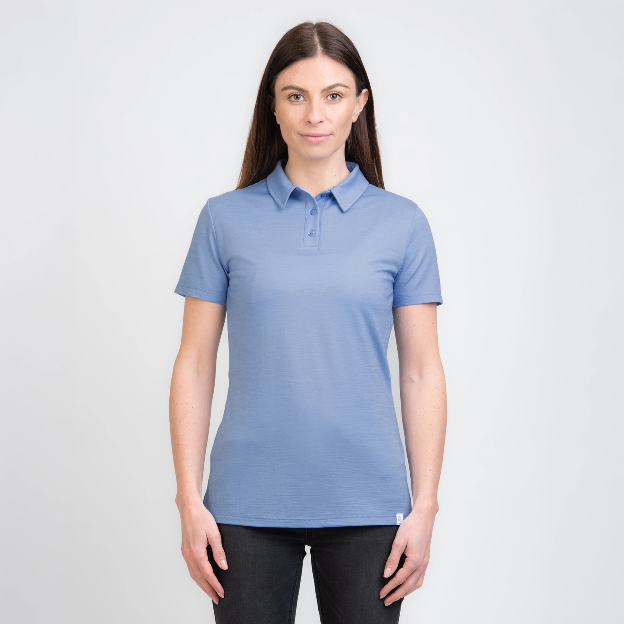 TOM FYFE Merino Damen Polo-Shirt Steel Blue Front Detail TF222202