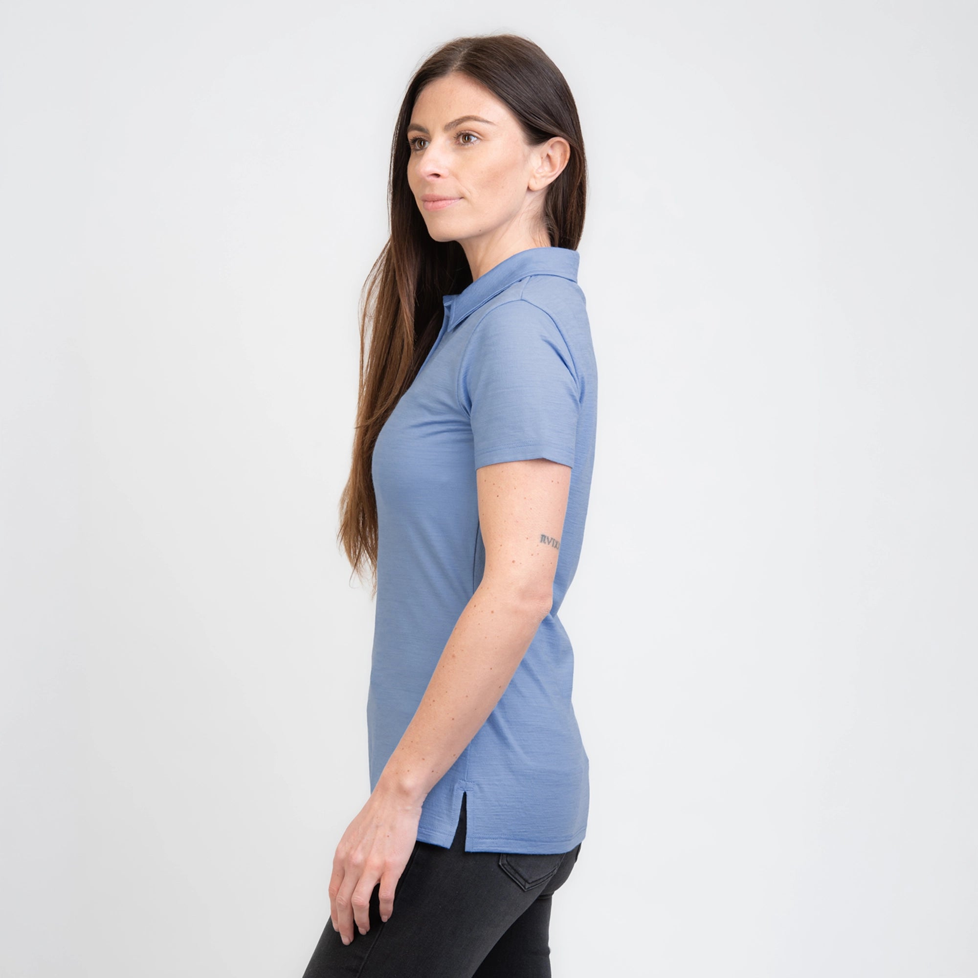 TOM FYFE Merino Damen Polo-Shirt Steel Blue Seitenansicht TF222202