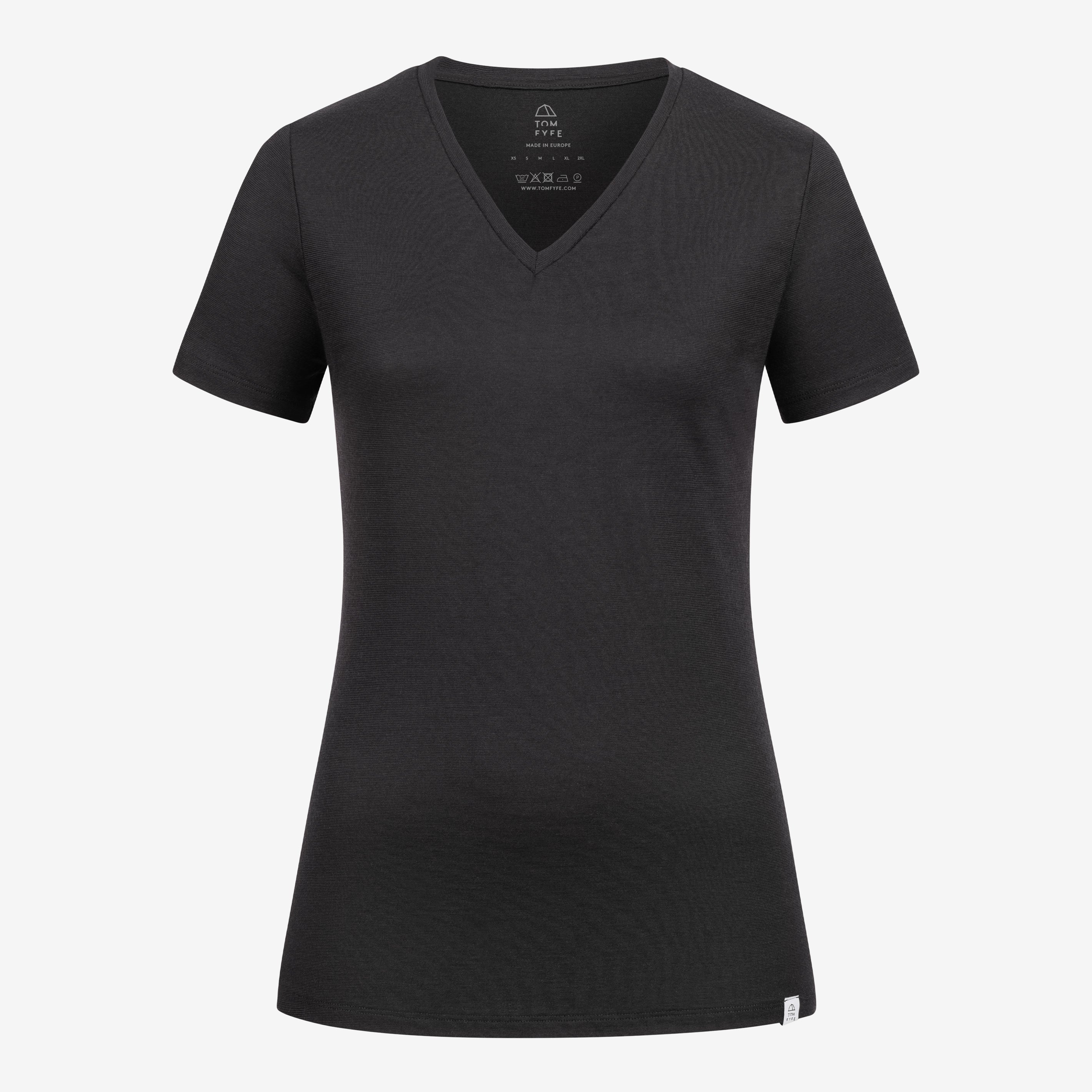 Merino Damen Shirt mit V-Ausschnitt Frontansicht von Tom Fyfe in Schwarz