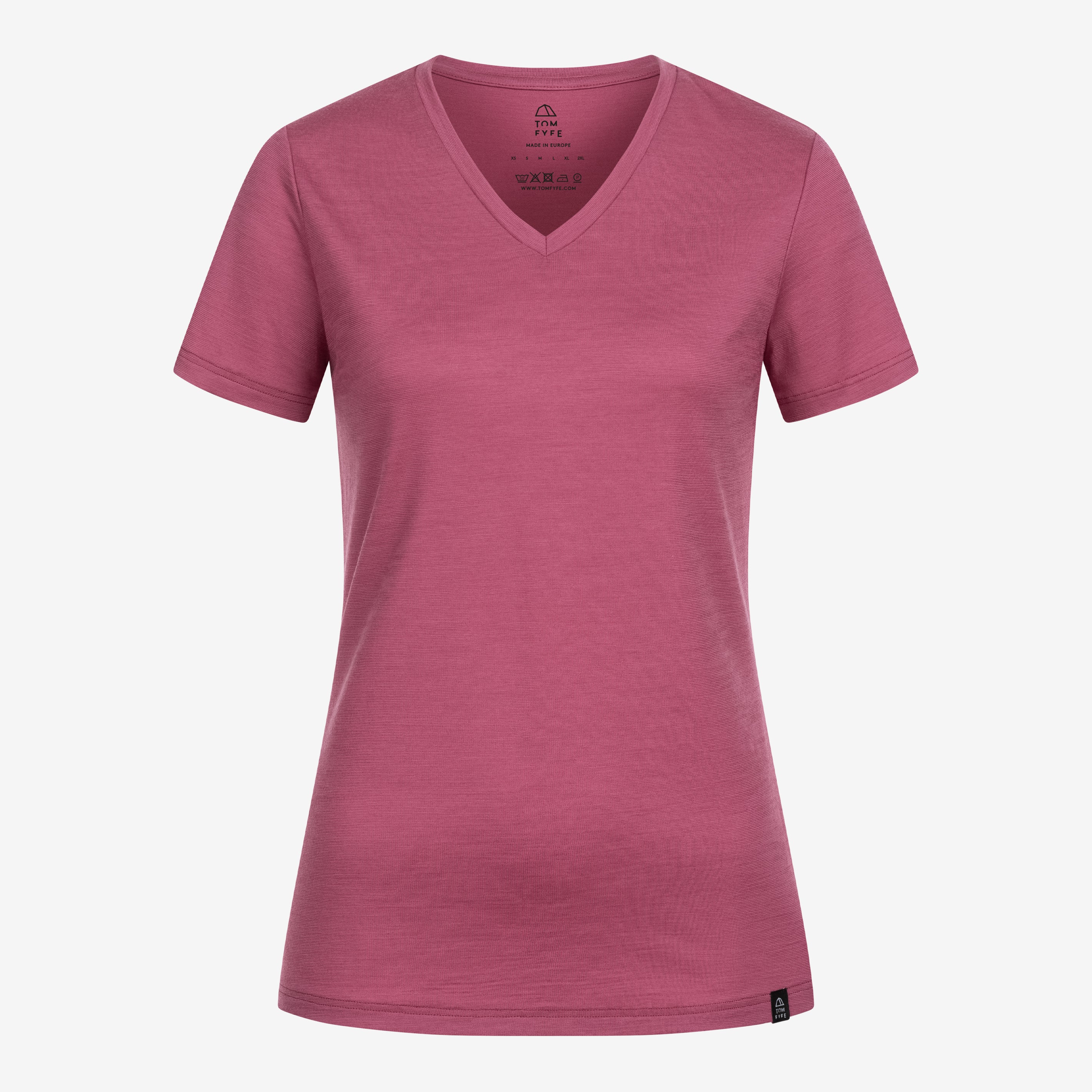 Merino Damen Shirt mit V-Ausschnitt Frontansicht von Tom Fyfe in Brombeere