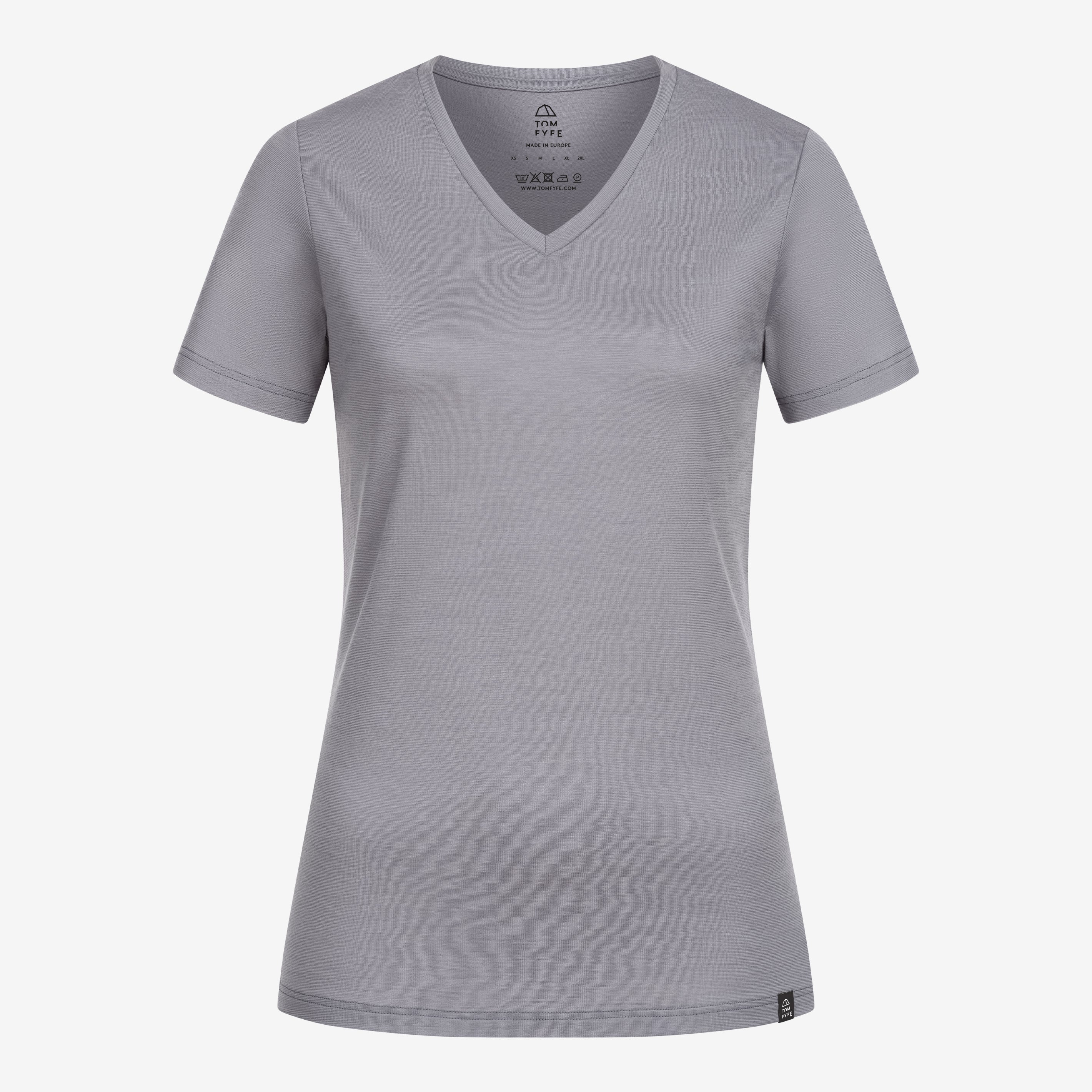 Merino Damen Shirt mit V-Ausschnitt von Tom Fyfe in Hellgrau Frontansicht