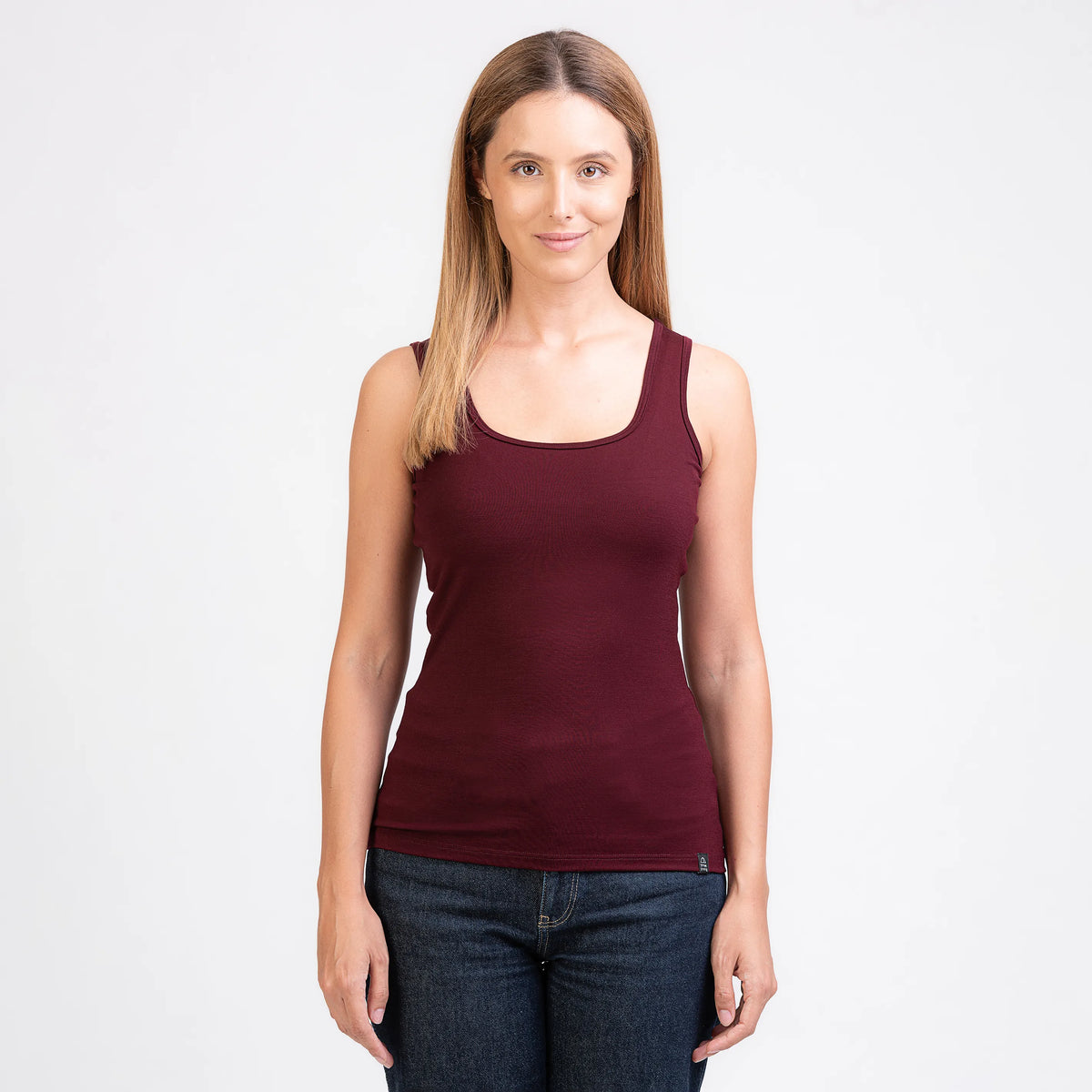 TOM FYFE Merino Damen Stretch 240 Tank Top in Burgundy, Frontansicht TF202009 #farbe_burgundy