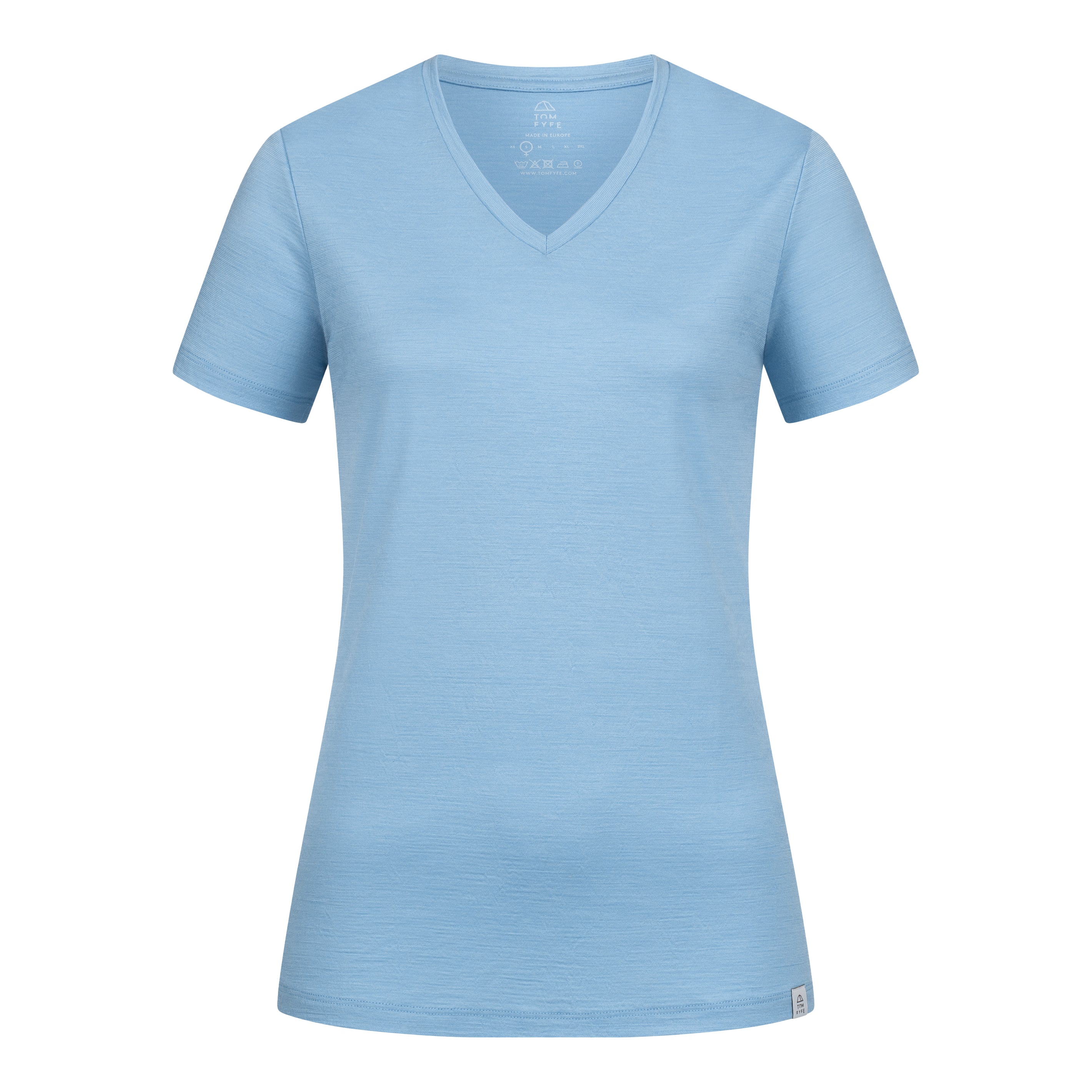 Merino Damen Shirt mit V-Ausschnitt von Tom Fyfe in Steelblue Frontansicht