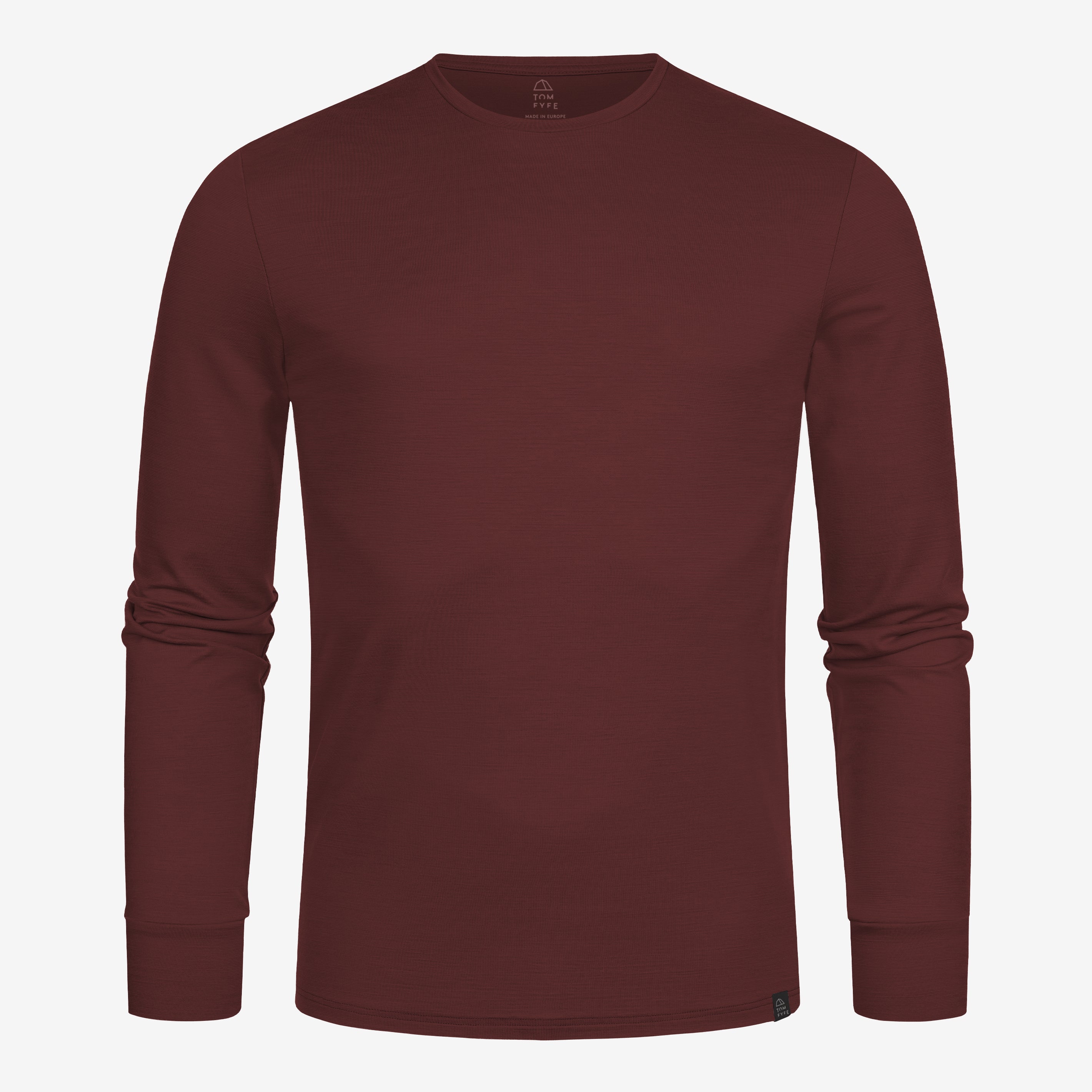 Merino Herren Langarmshirt Frontansicht von TOM FYFE in Burgundy