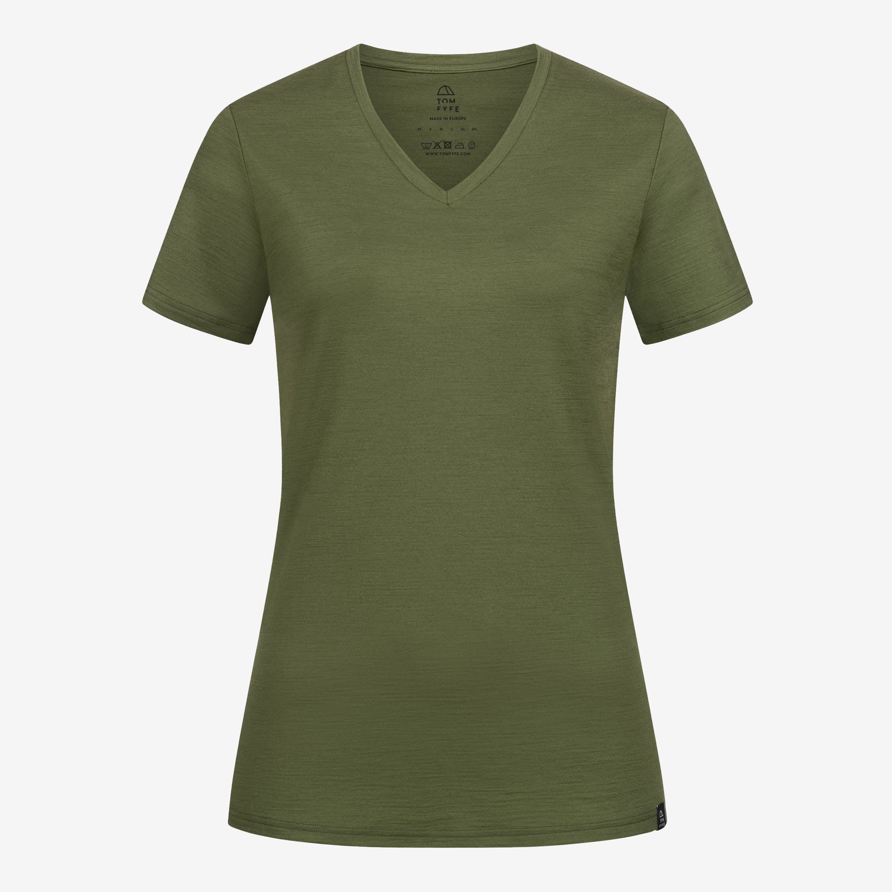 Merino Damen Shirt mit V-Ausschnitt von Tom Fyfe in Wadgrün Frontansicht