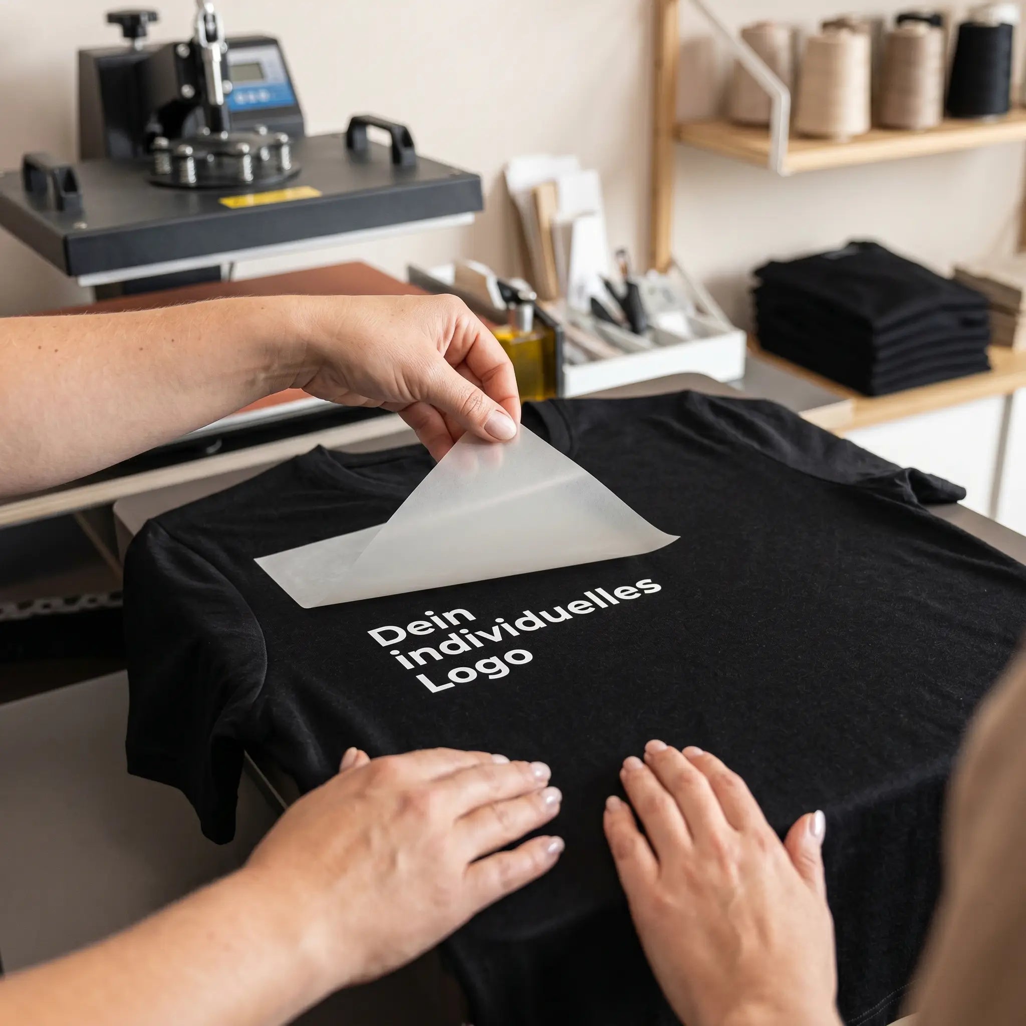Schwarzes Merino-Shirt mit weißem Schriftzug „Dein individuelles Logo“, auf das eine Transferfolie für individuellen B2B-Druck aufgebracht wird.
