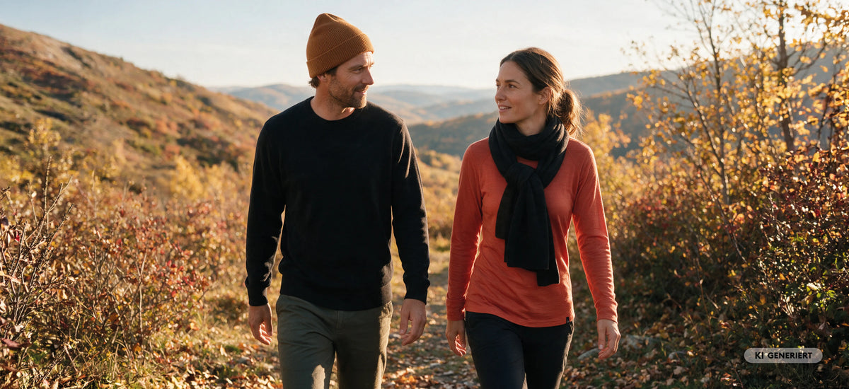 Mann und Frau in TOM FYFE Merinobekleidung bei einem Spaziergang durch eine herbstliche Berglandschaft. Beide tragen warme Outfits mit Strickaccessoires.