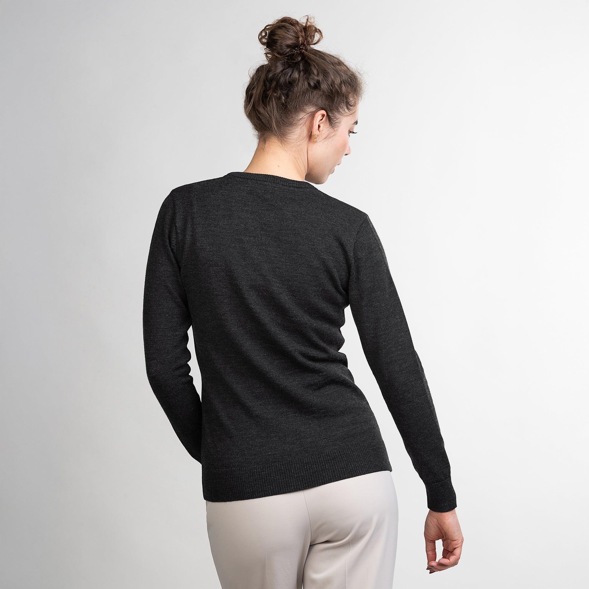 TOM FYFE Merino Damen Crewneck Rundhals-Pullover in Anthrazit, Rückansicht 