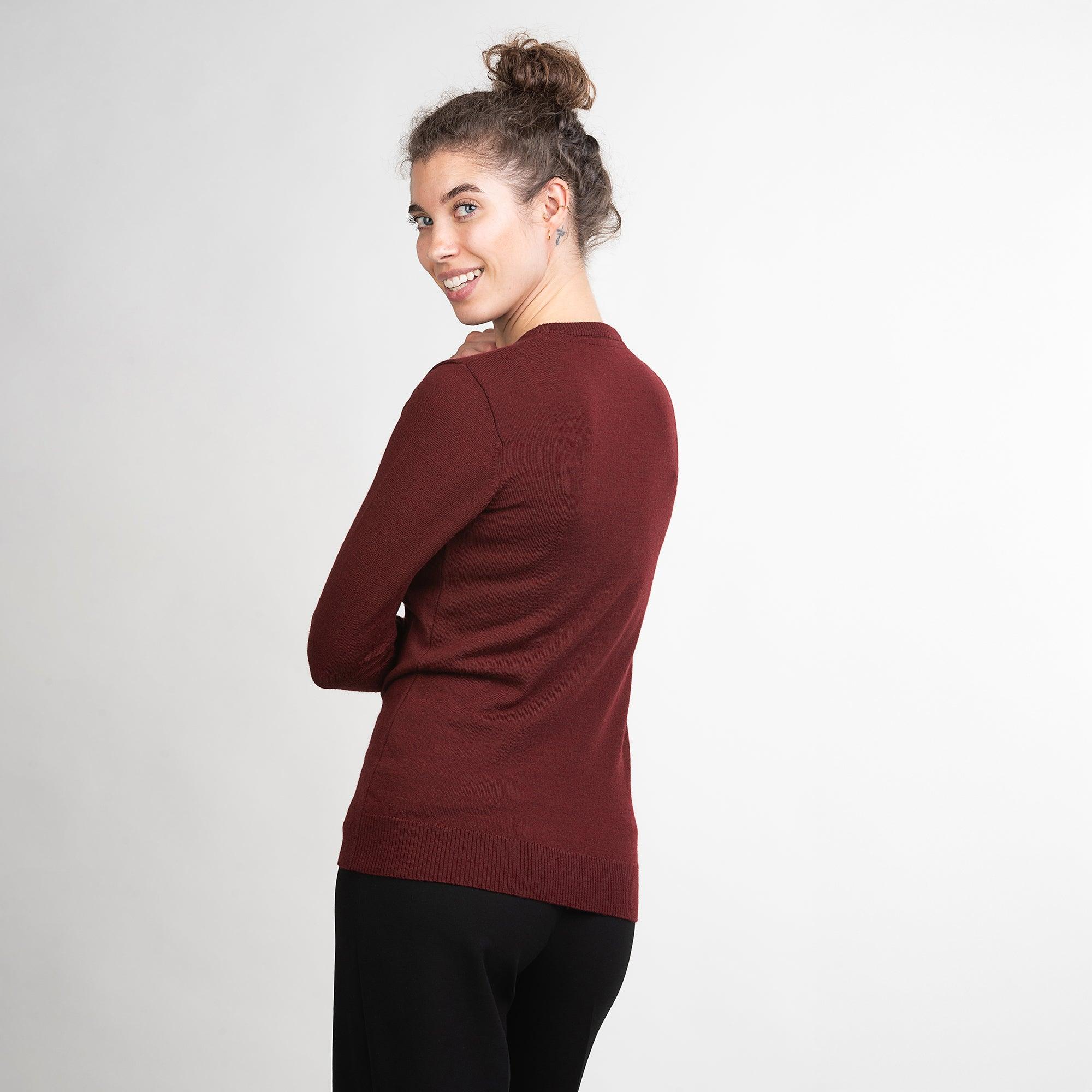 TOM FYFE Merino Damen Crewneck Rundhals-Pullover in Bordeaux, Rückansicht 
