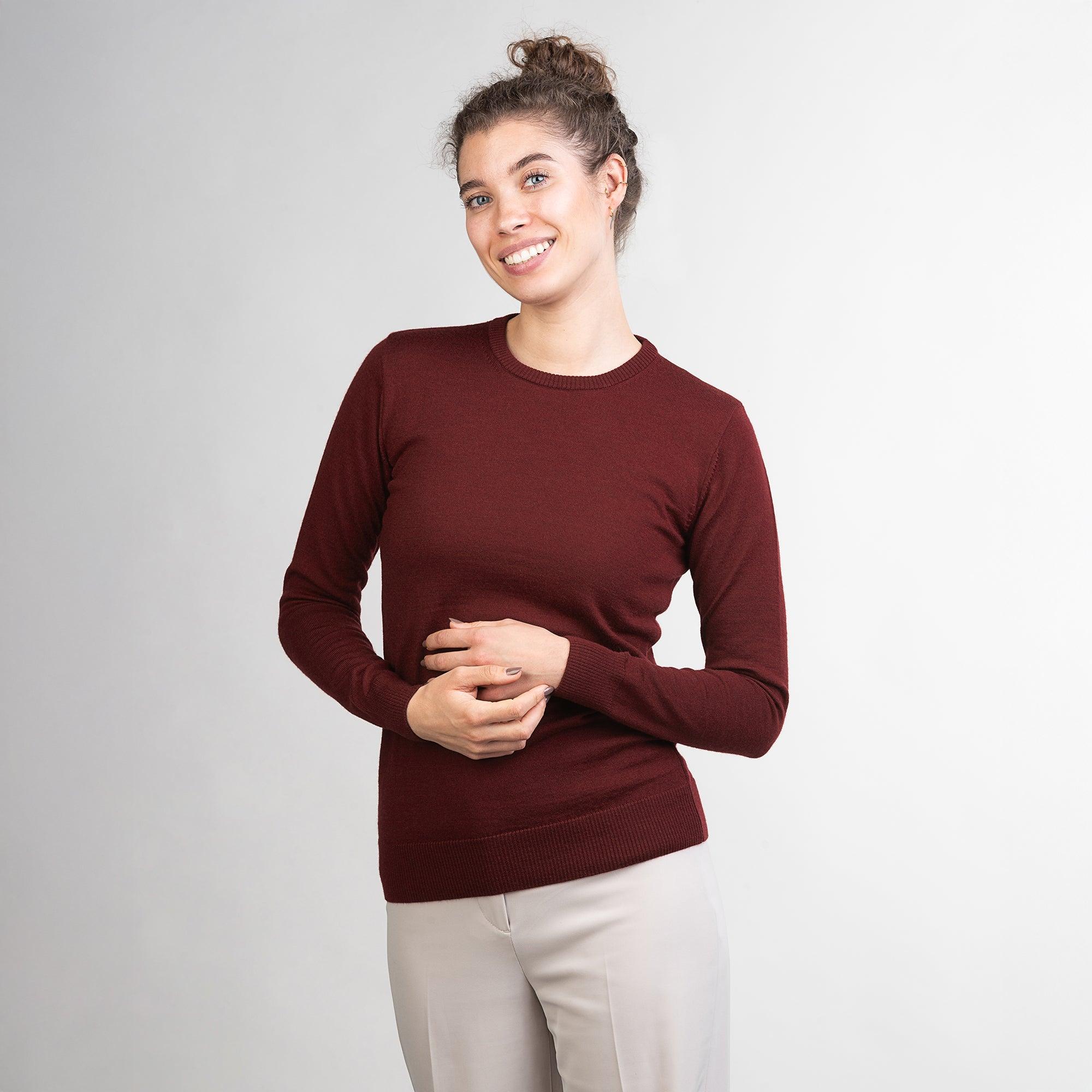 TOM FYFE Merino Damen Crewneck Rundhals-Pullover in Bordeaux, zweite Frontansicht 