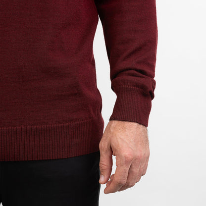 TOM FYFE Merino Herren Crewneck Rundhals-Pullover in Bordeaux, Detailansicht des Materials 