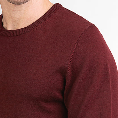 TOM FYFE Merino Herren Crewneck Rundhals-Pullover in Bordeaux, zweite Detailaufnahme der Stoffstruktur 