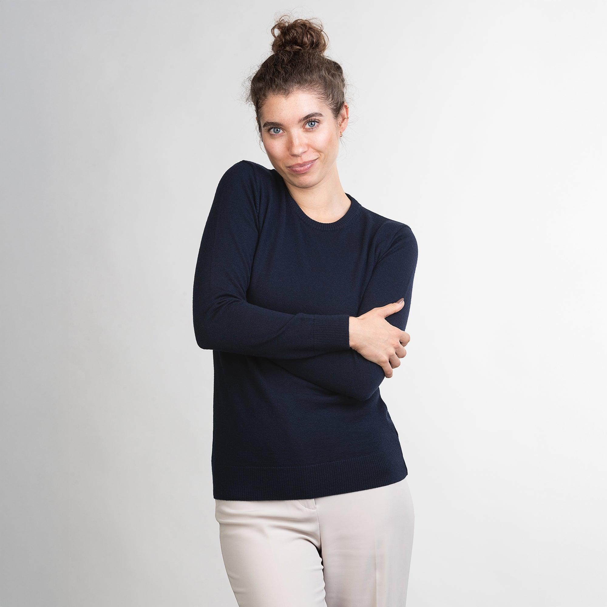 TOM FYFE Merino Damen Crewneck Rundhals-Pullover in Midnight Blue, zweite Frontansicht 