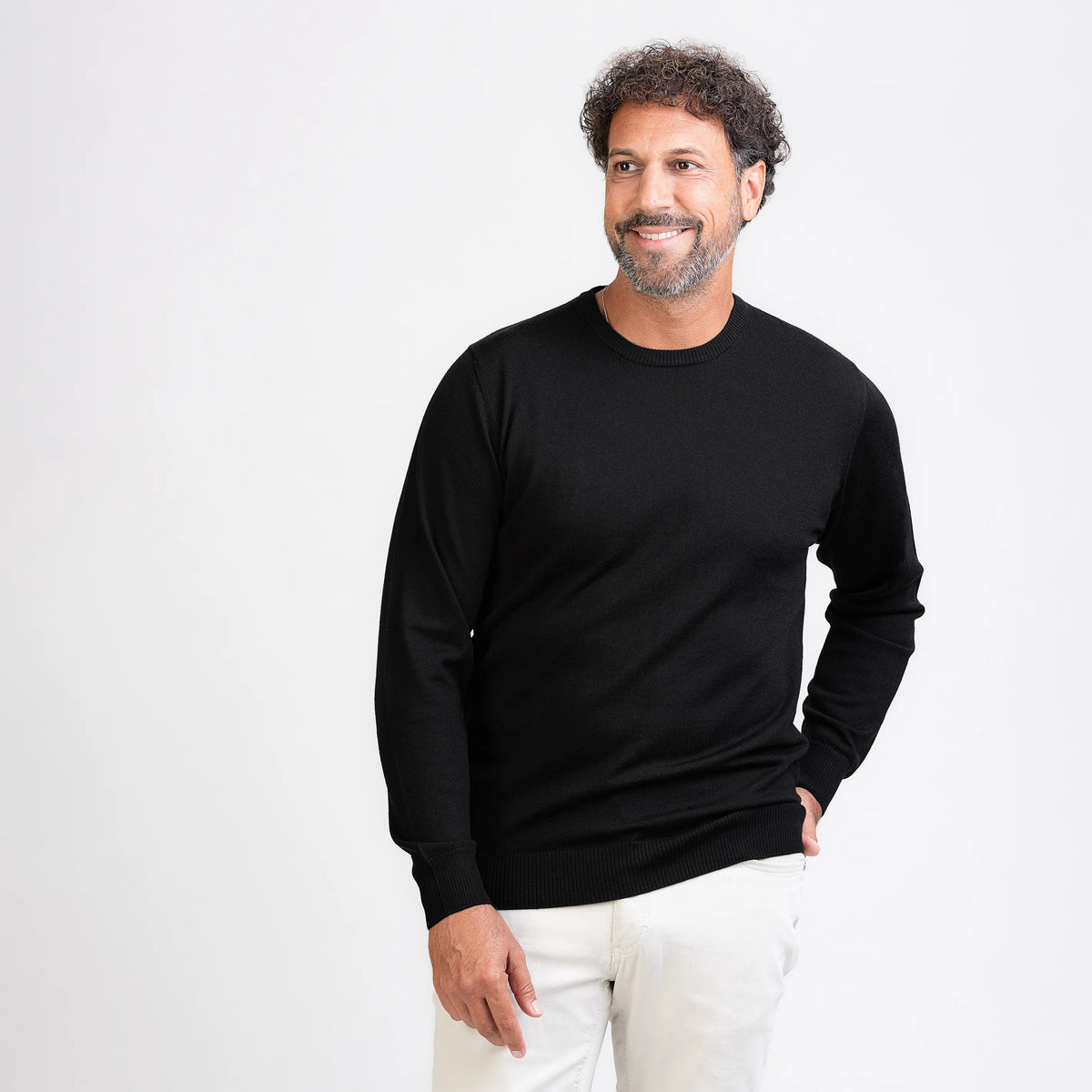 TOM FYFE Merino Herren Crewneck Rundhals-Pullover in Schwarz, Frontansicht 2 