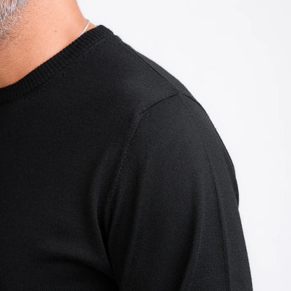 TOM FYFE Merino Herren Crewneck Rundhals-Pullover in Schwarz, Schulter 