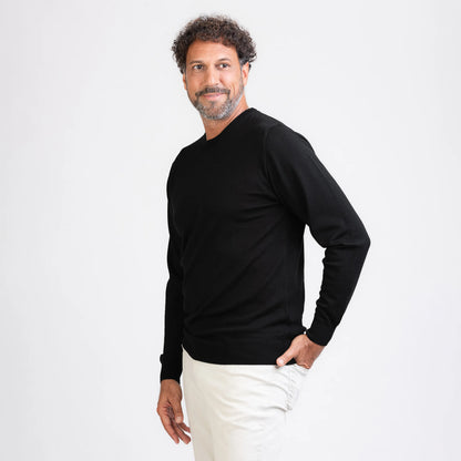 TOM FYFE Merino Herren Crewneck Rundhals-Pullover in Schwarz, Seitenansicht 