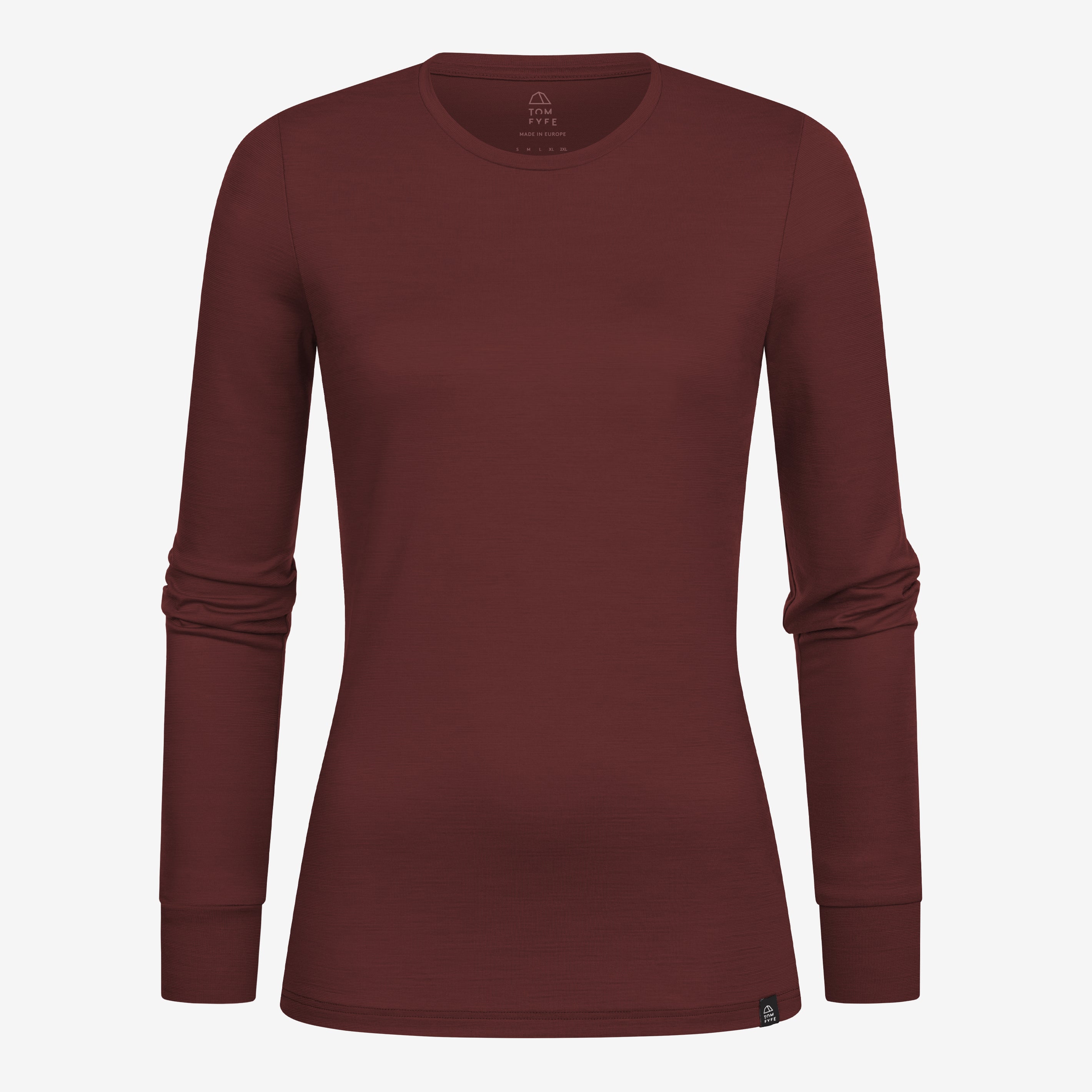Merino Damen Langarmshirt Frontansicht von Tom Fyfe in Burgundy 