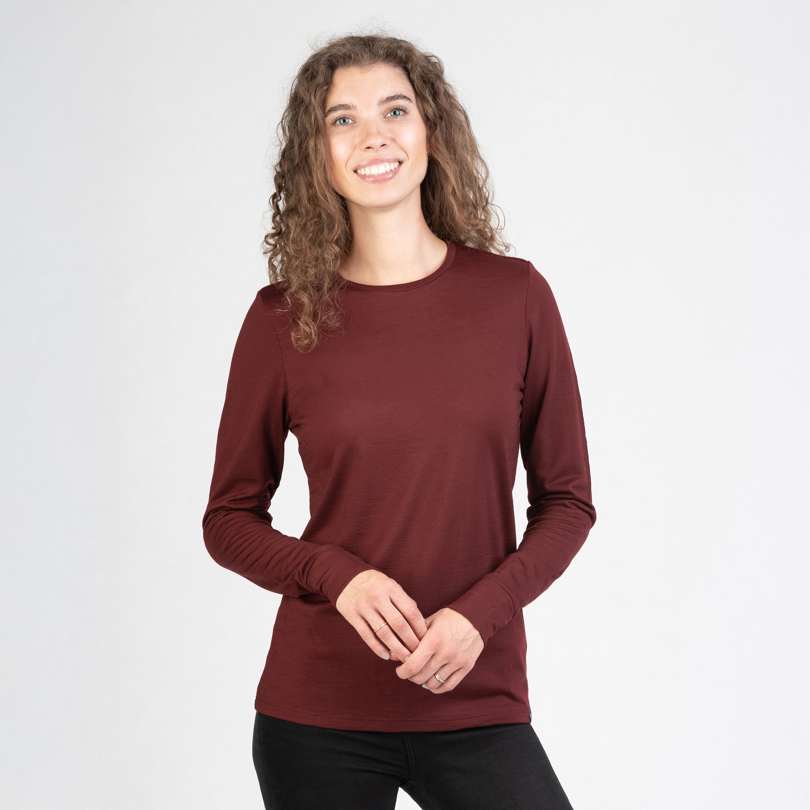 Tom Fyfe Merino Damen Langarmshirt in Burgundy, Vorderansicht 