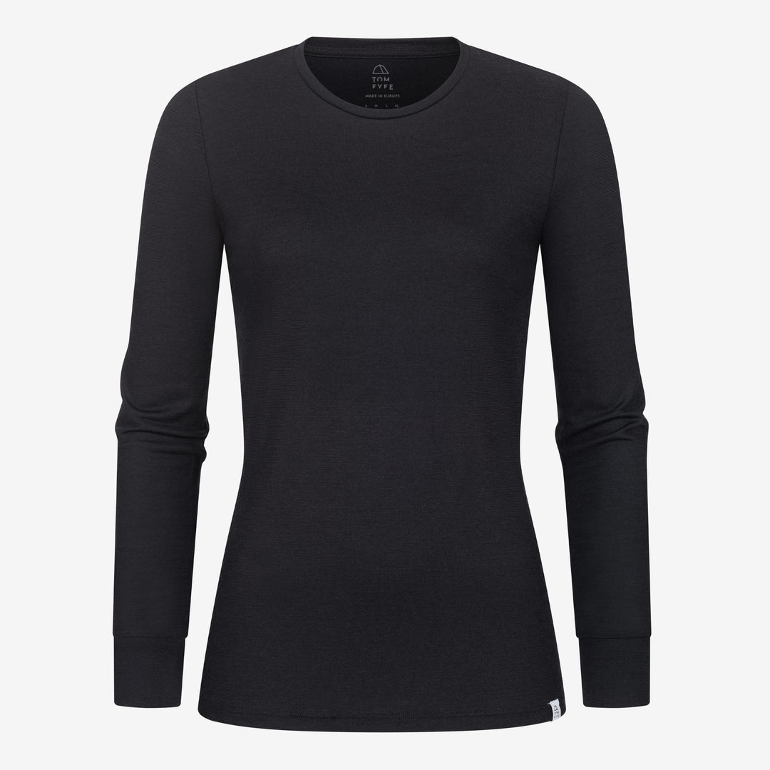 Merino Damen Langarmshirt Frontansicht von Tom Fyfe in Schwarz #farbe_schwarz