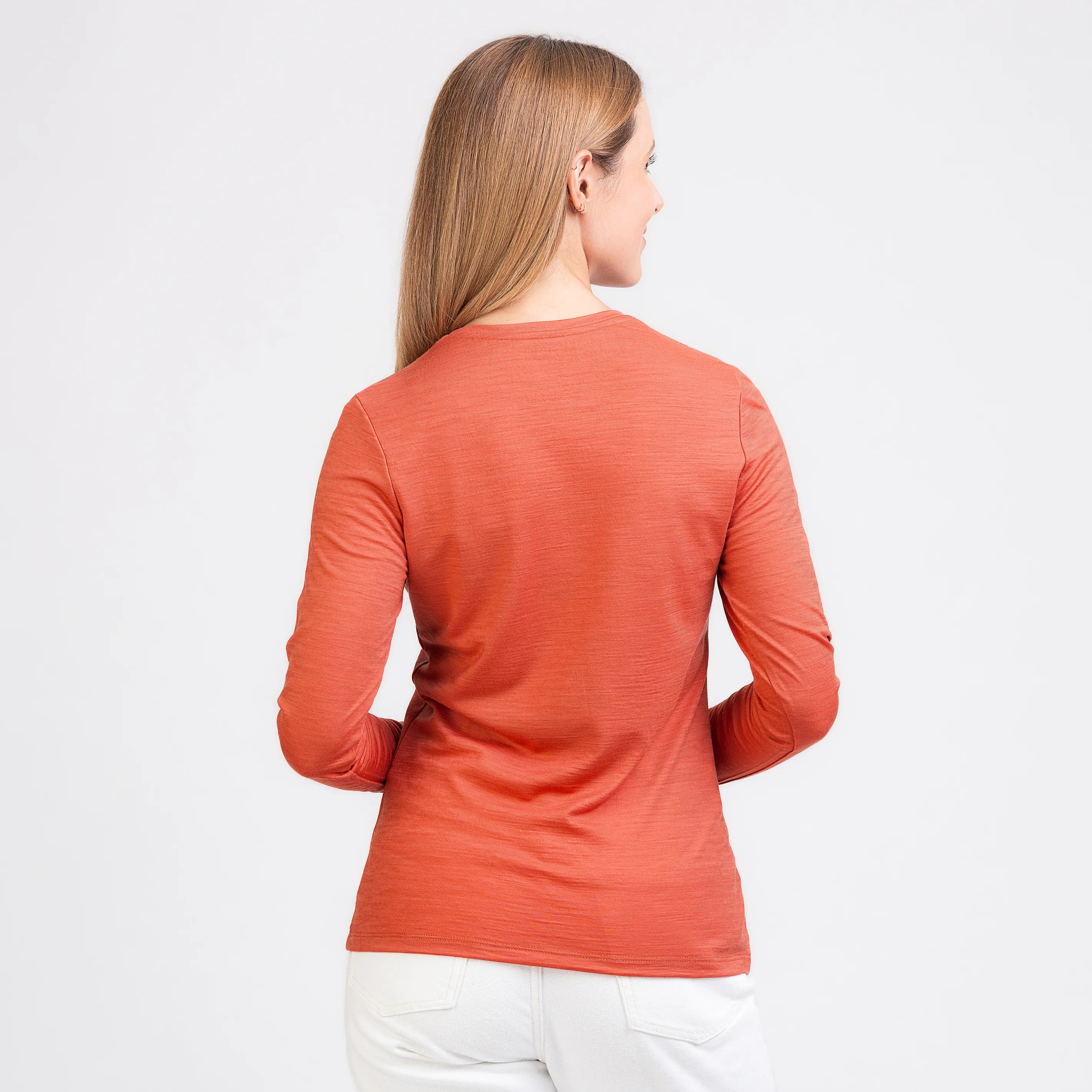 TOM FYFE Merino Damen Langarmshirt in Terracotta, Rückansicht 
