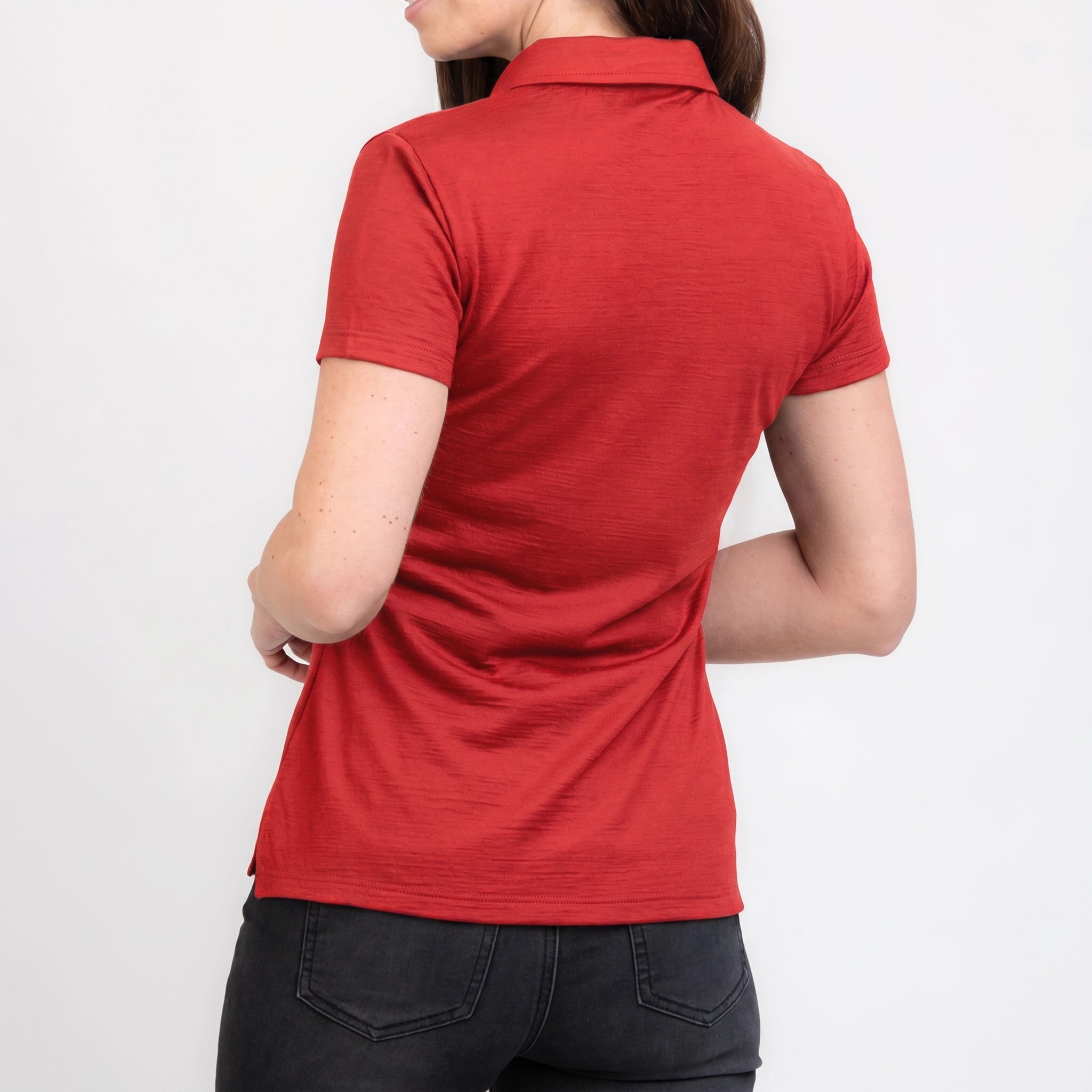 Merino Damen Poloshirt Rückansicht von TOM FYFE in Coral Red 