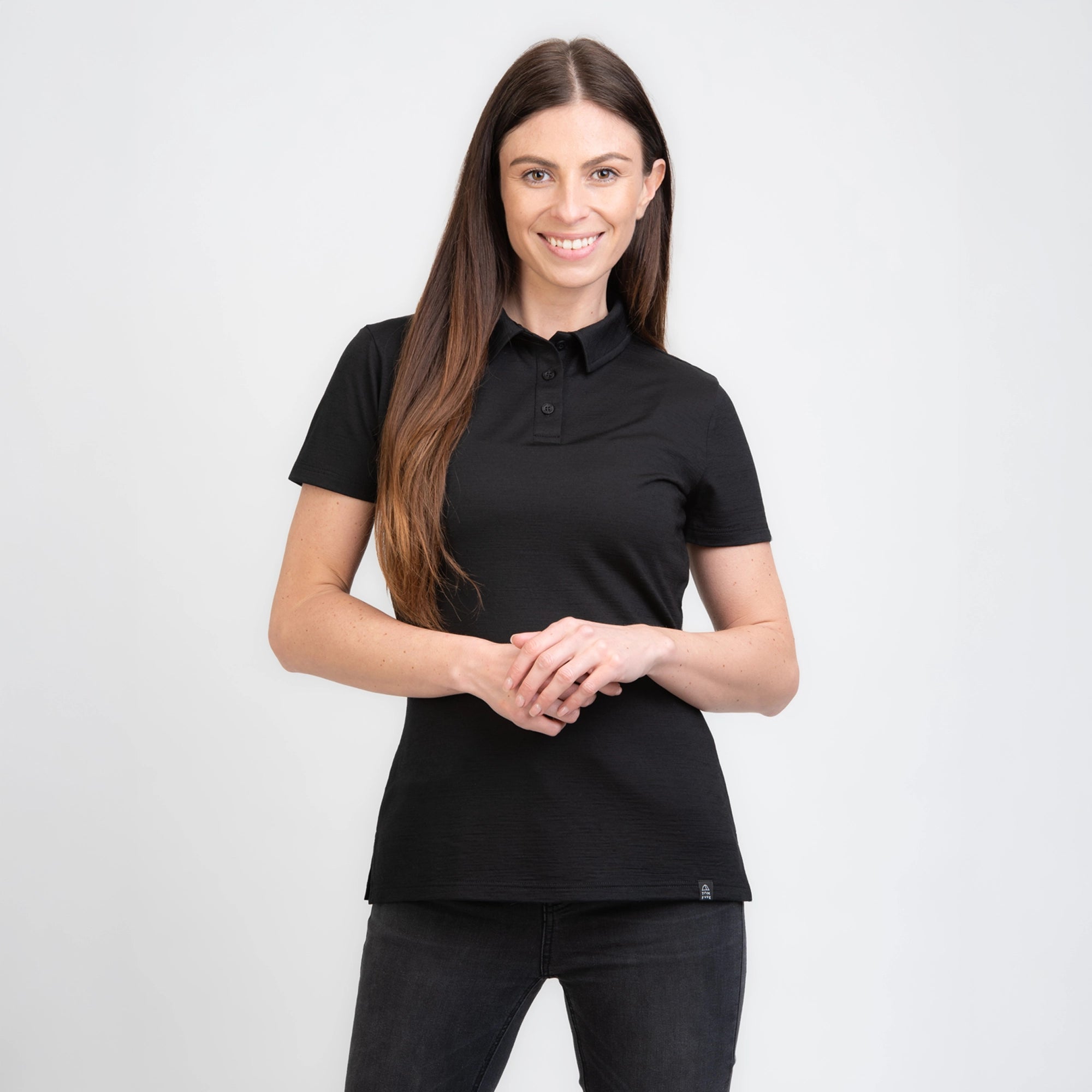 TOM FYFE Merino Damen Polo-Shirt Schwarz Front Detail TF222202 