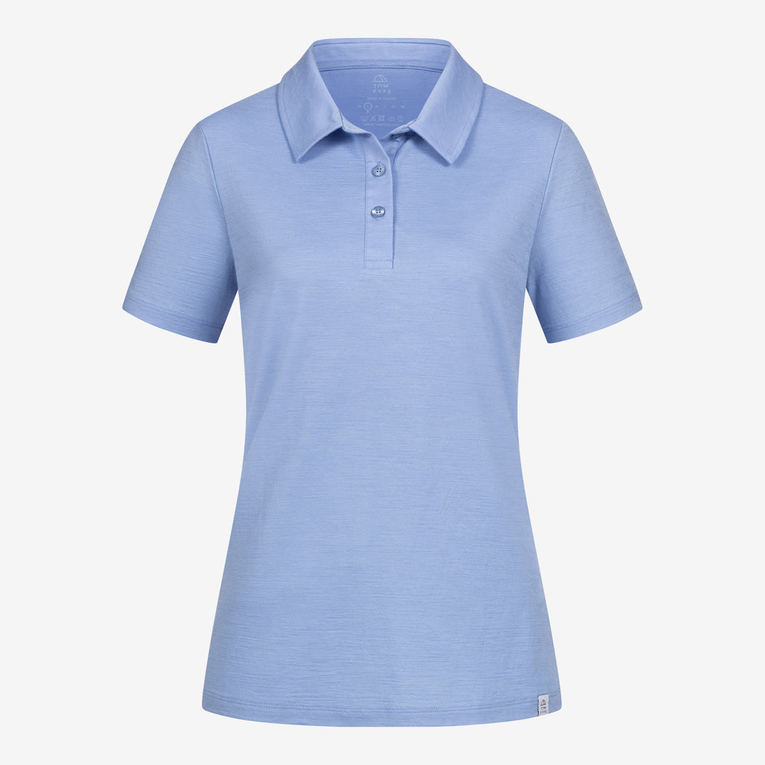 Merino Polo Damen Frontansicht von TOM FYFE in Steelblue #farbe_steel-blue