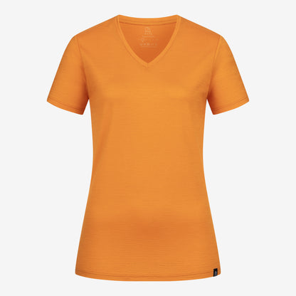 Merino Damen Shirt mit V-Ausschnitt von Tom Fyfe in Kurkuma Frontansicht 
