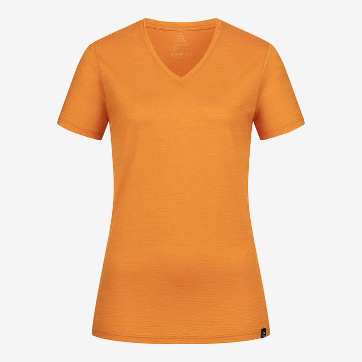 Merino Damen Shirt mit V-Ausschnitt von Tom Fyfe in Kurkuma Frontansicht #farbe_kurkuma