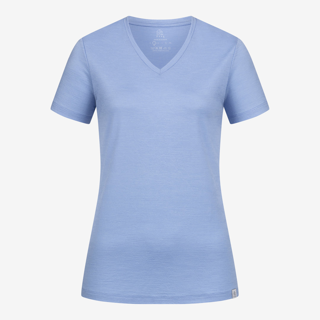 Merino Damen Shirt mit V-Ausschnitt von Tom Fyfe in Steelblue Frontansicht #farbe_steelblue