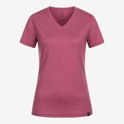 Merino Damen Shirt mit V-Ausschnitt Frontansicht von Tom Fyfe in Brombeere 