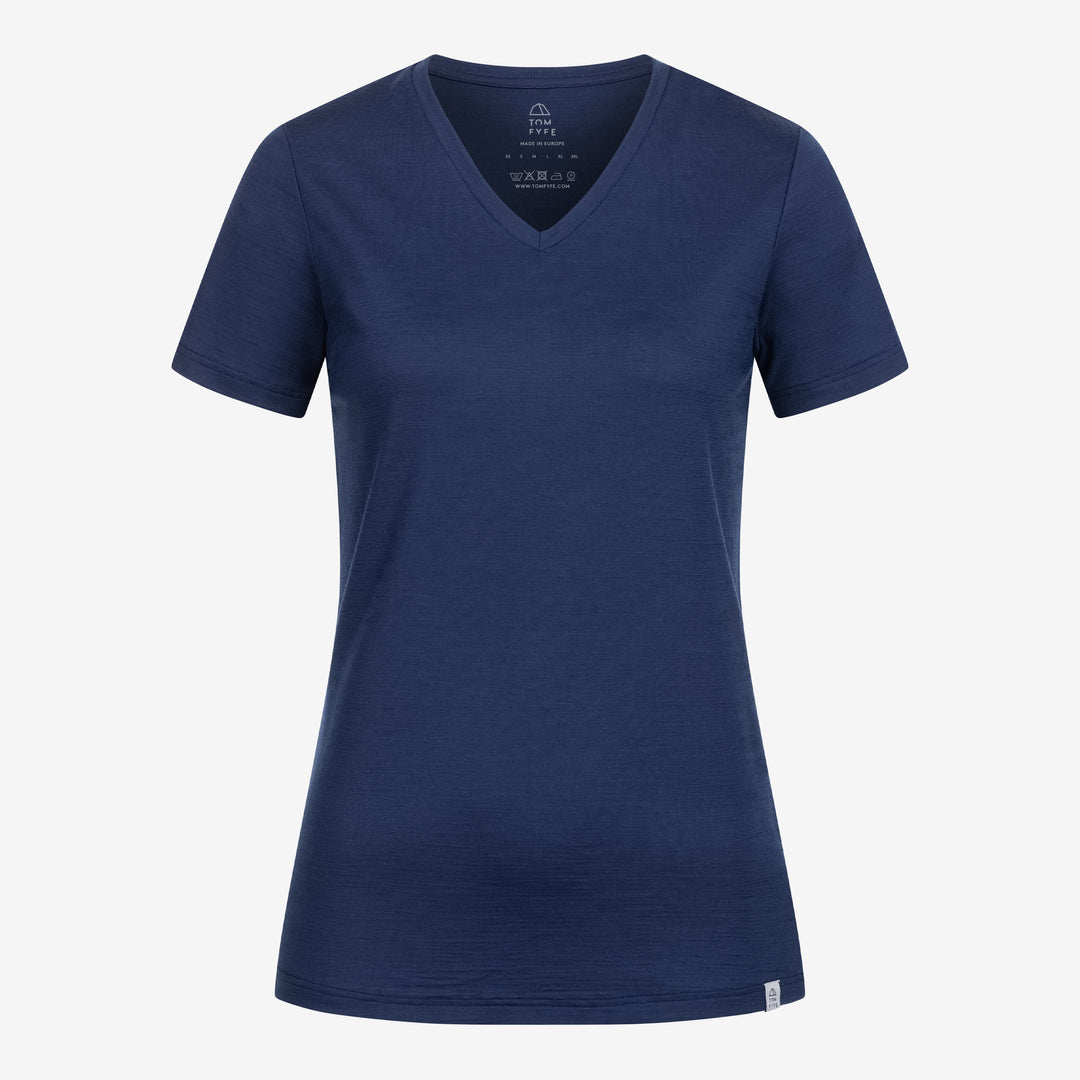 Merino Damen Shirt mit V-Ausschnitt von Tom Fyfe in Marine Frontansicht #farbe_marine