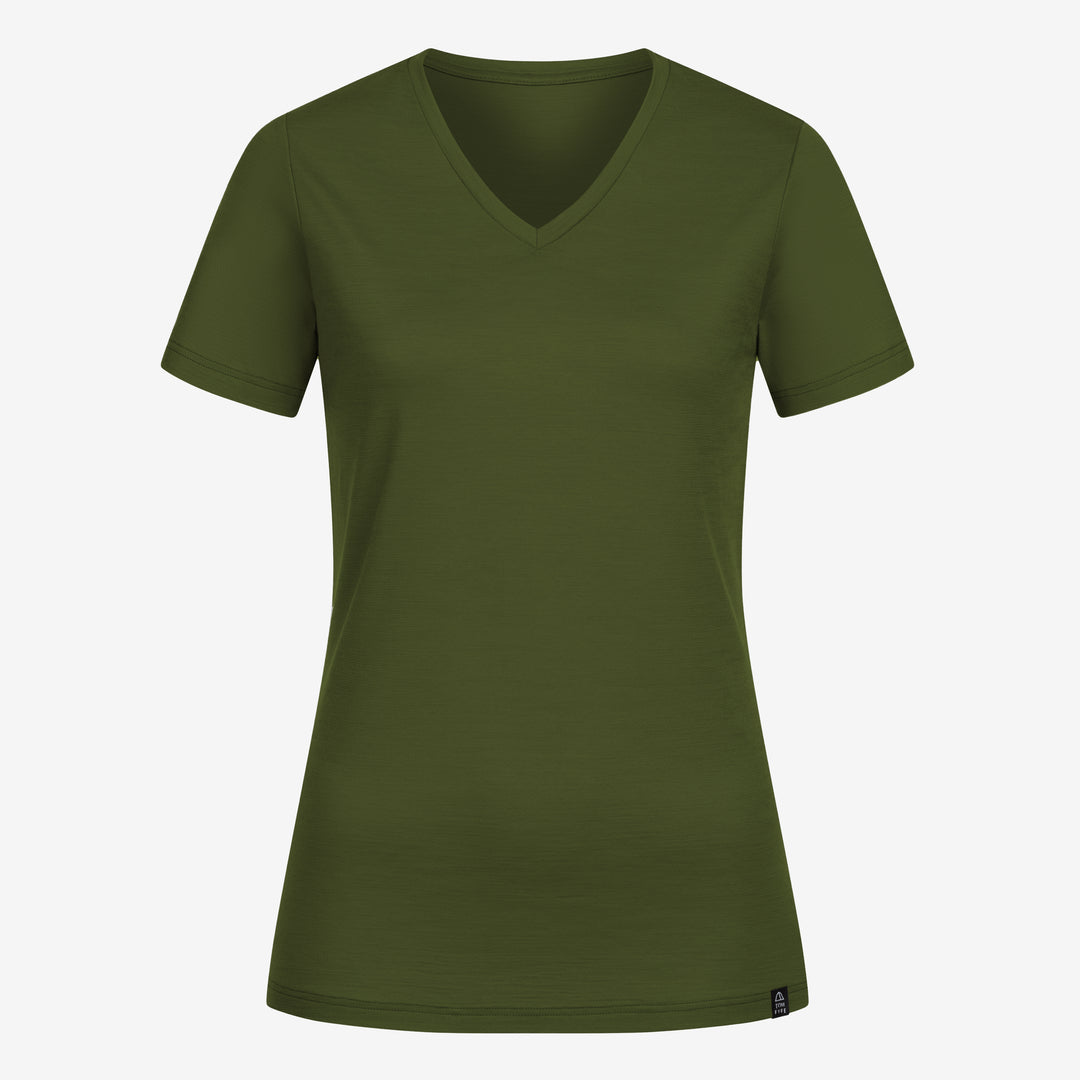 Merino Damen Shirt mit V-Ausschnitt von Tom Fyfe in Wadgrün Frontansicht #farbe_waldgruen