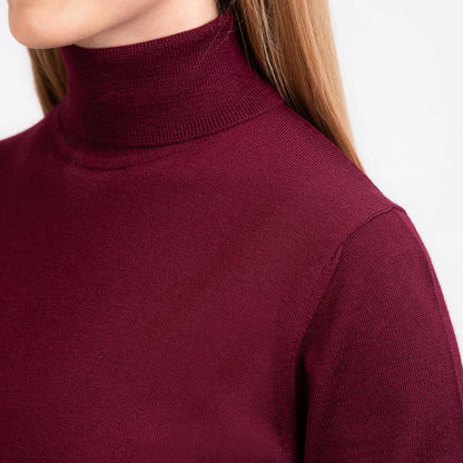 TOM FYFE Merino Damen Turtleneck-Pullover in Wine Red Kragen 