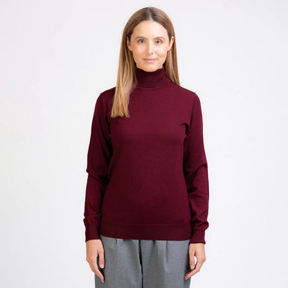 TOM FYFE Merino Damen Turtleneck-Pullover in Wine Red Frontansicht 
