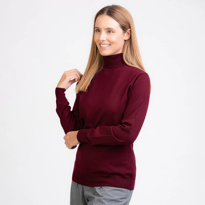 TOM FYFE Merino Damen Turtleneck-Pullover in Wine Red Seitenansicht 