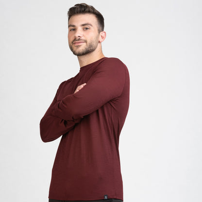 Tom Fyfe Merino Herren Langarmshirt in Burgundy, Vorderansicht 