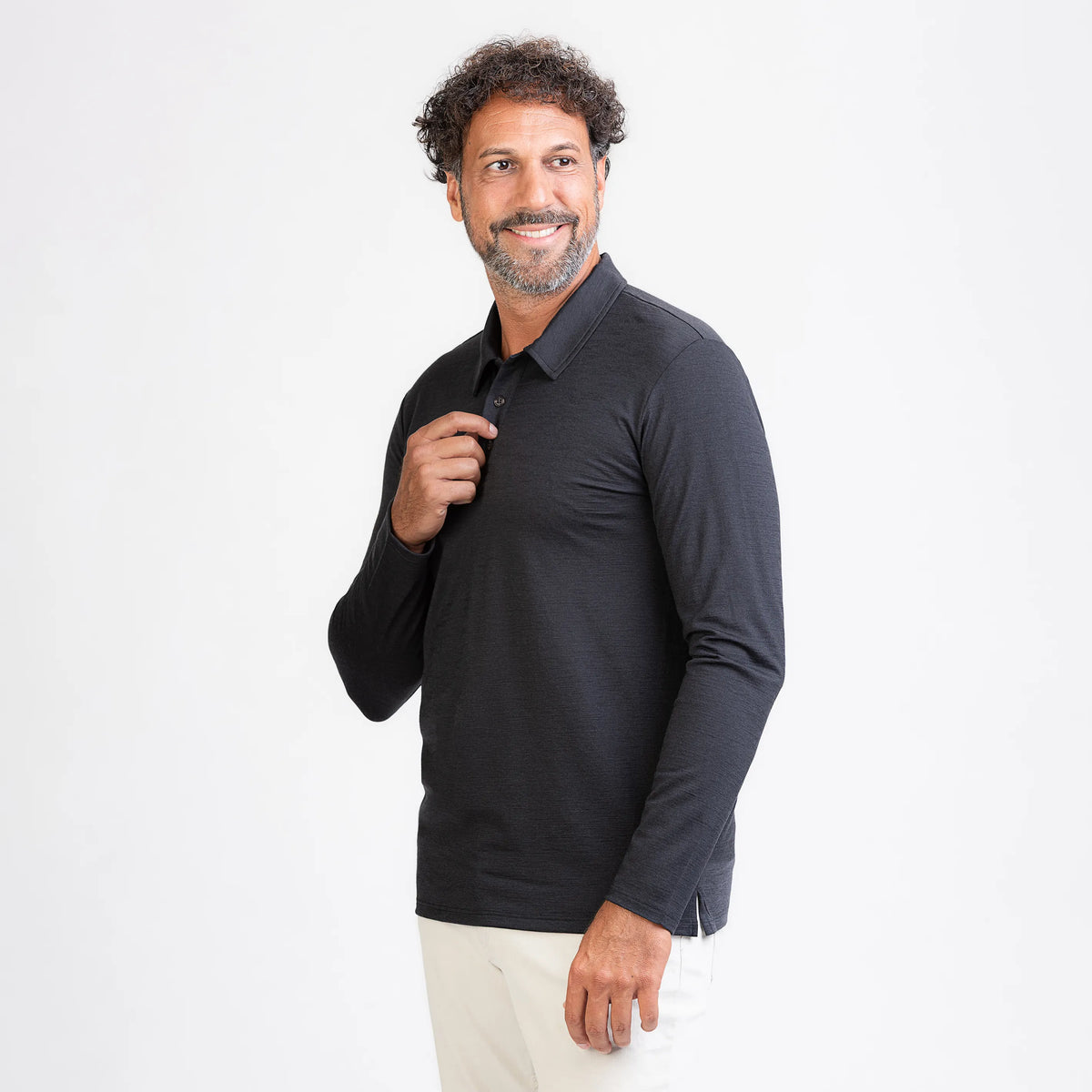 Merino Langarm Poloshirt Herren Seitenansicht von TOM FYFE in Anthrazit 