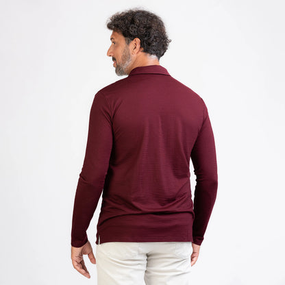 Merino Langarm Poloshirt Herren Rückenansicht von TOM FYFE in Burgundy 