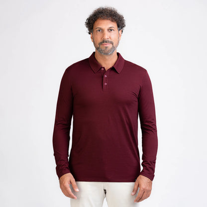 Merino Langarm Poloshirt Herren Frontansicht von TOM FYFE in Burgundy 